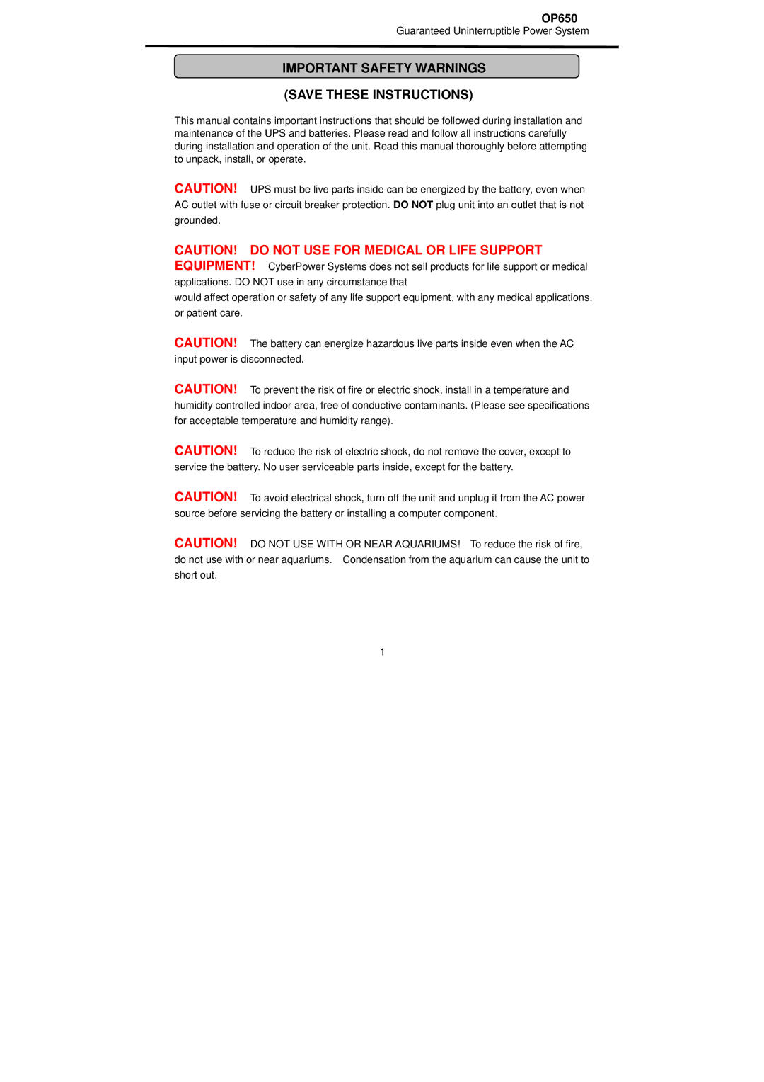 CyberPower Systems OP650 user manual Important Safety Warnings 