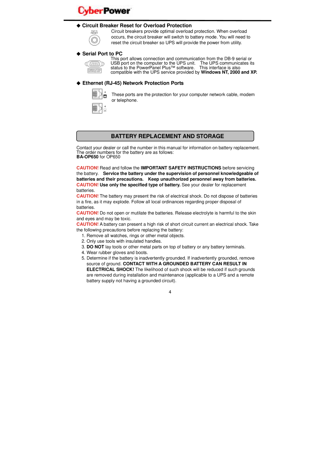 CyberPower Systems OP650 user manual Battery Replacement and Storage, Circuit Breaker Reset for Overload Protection 