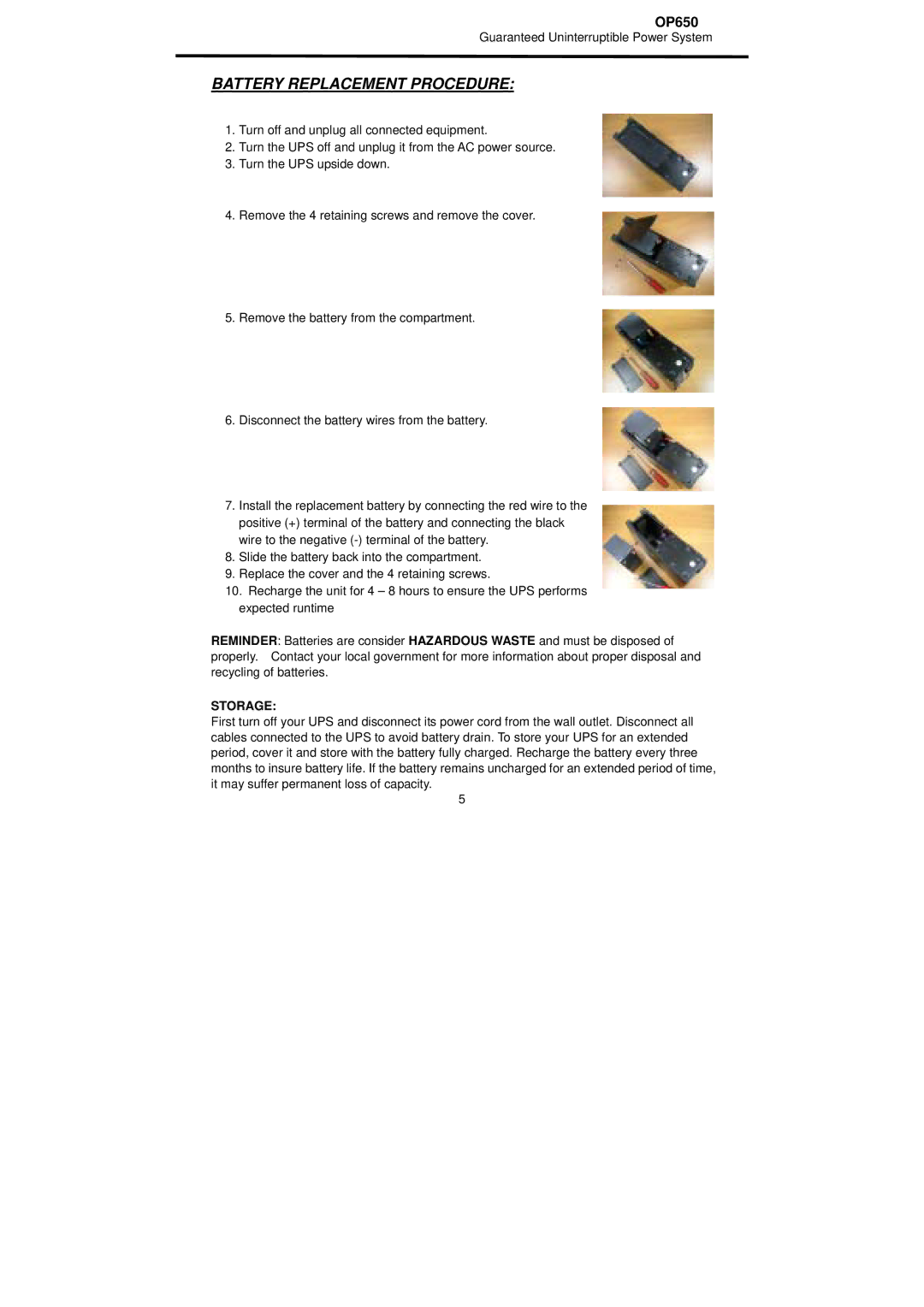 CyberPower Systems OP650 user manual Battery Replacement Procedure 