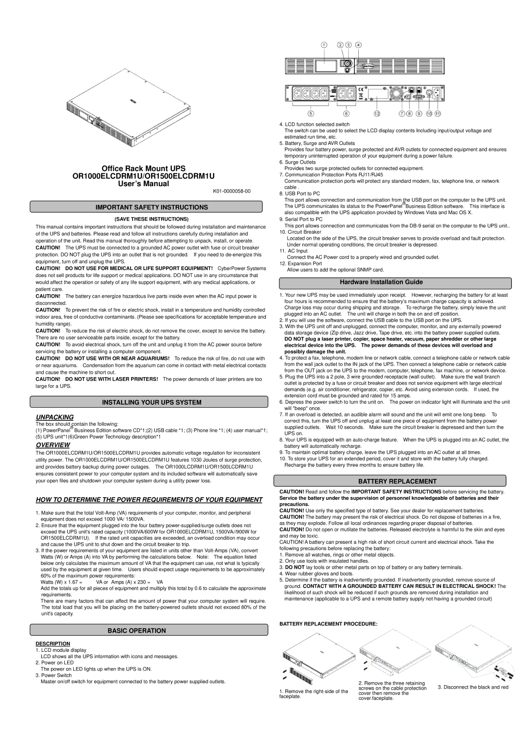 CyberPower Systems OR1000ELCDRM1U, OR1500ELCDRM1U important safety instructions Office Rack Mount UPS, User’s Manual 