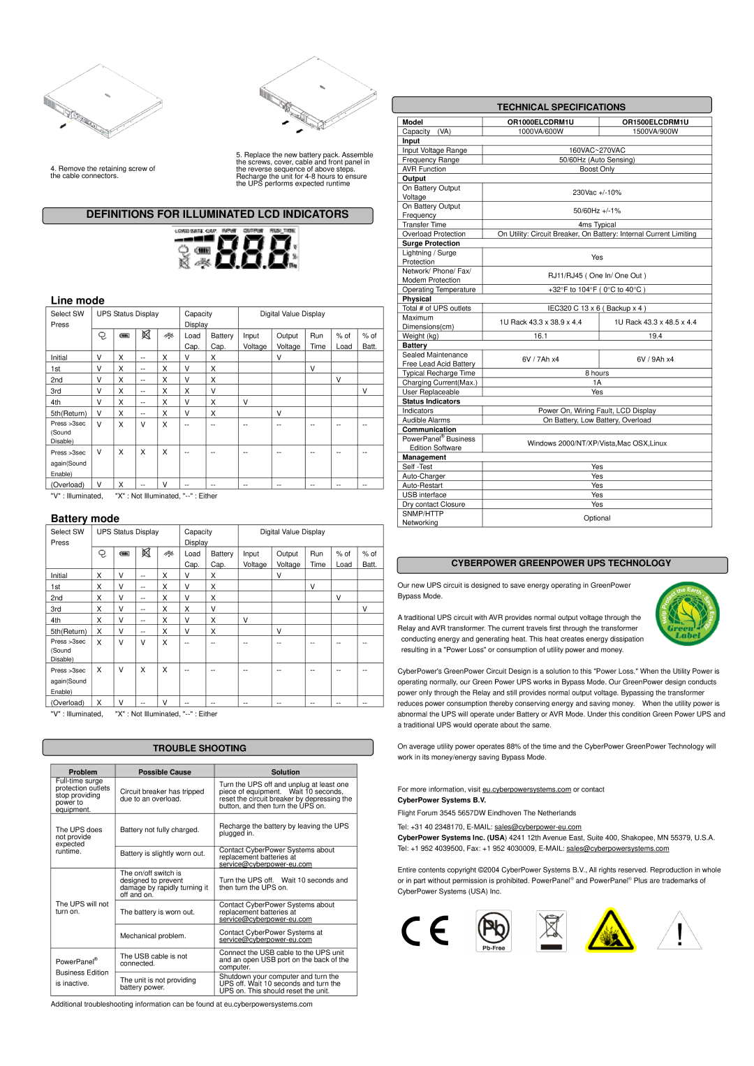 CyberPower Systems OR1500ELCDRM1U, OR1000ELCDRM1U Line mode, Battery mode, Trouble Shooting, Technical Specifications 