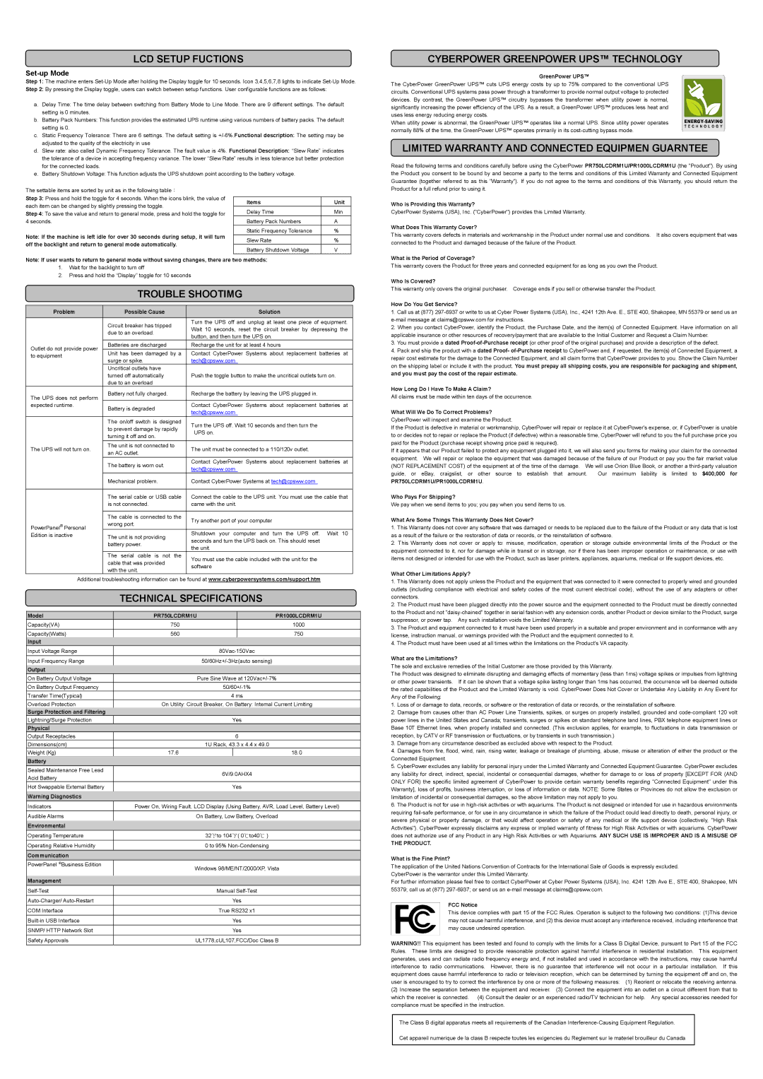 CyberPower Systems PR750LCDRM1U user manual LCD Setup Fuctions, Trouble Shootimg, Technical Specifications 