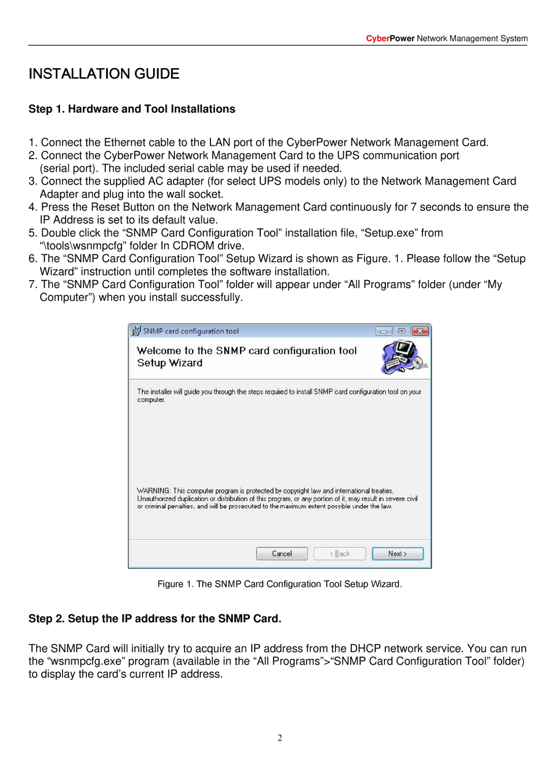 CyberPower Systems RMCARD201 manual Hardware and Tool Installations, Setup the IP address for the Snmp Card 