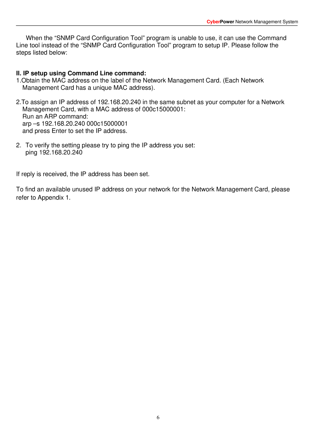 CyberPower Systems RMCARD201 manual II. IP setup using Command Line command 