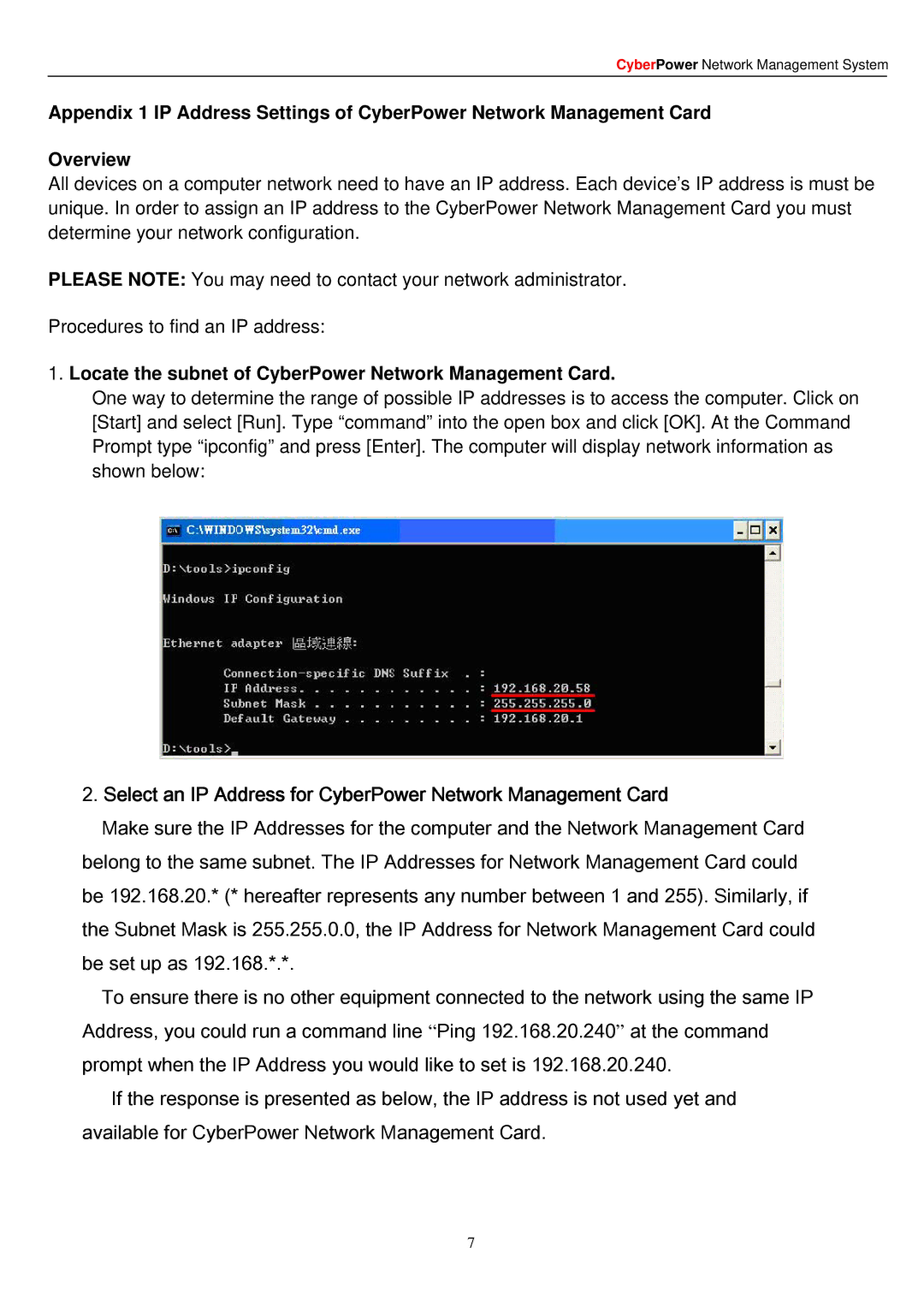 CyberPower Systems RMCARD201 manual Select an IP Address for CyberPower Network Management Card 