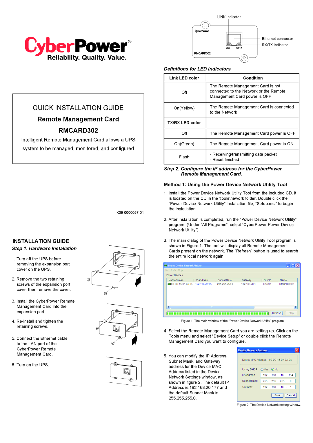 CyberPower Systems RMCARD302 manual Hardware Installation, Definitions for LED Indicators, Condition, TX/RX LED color 