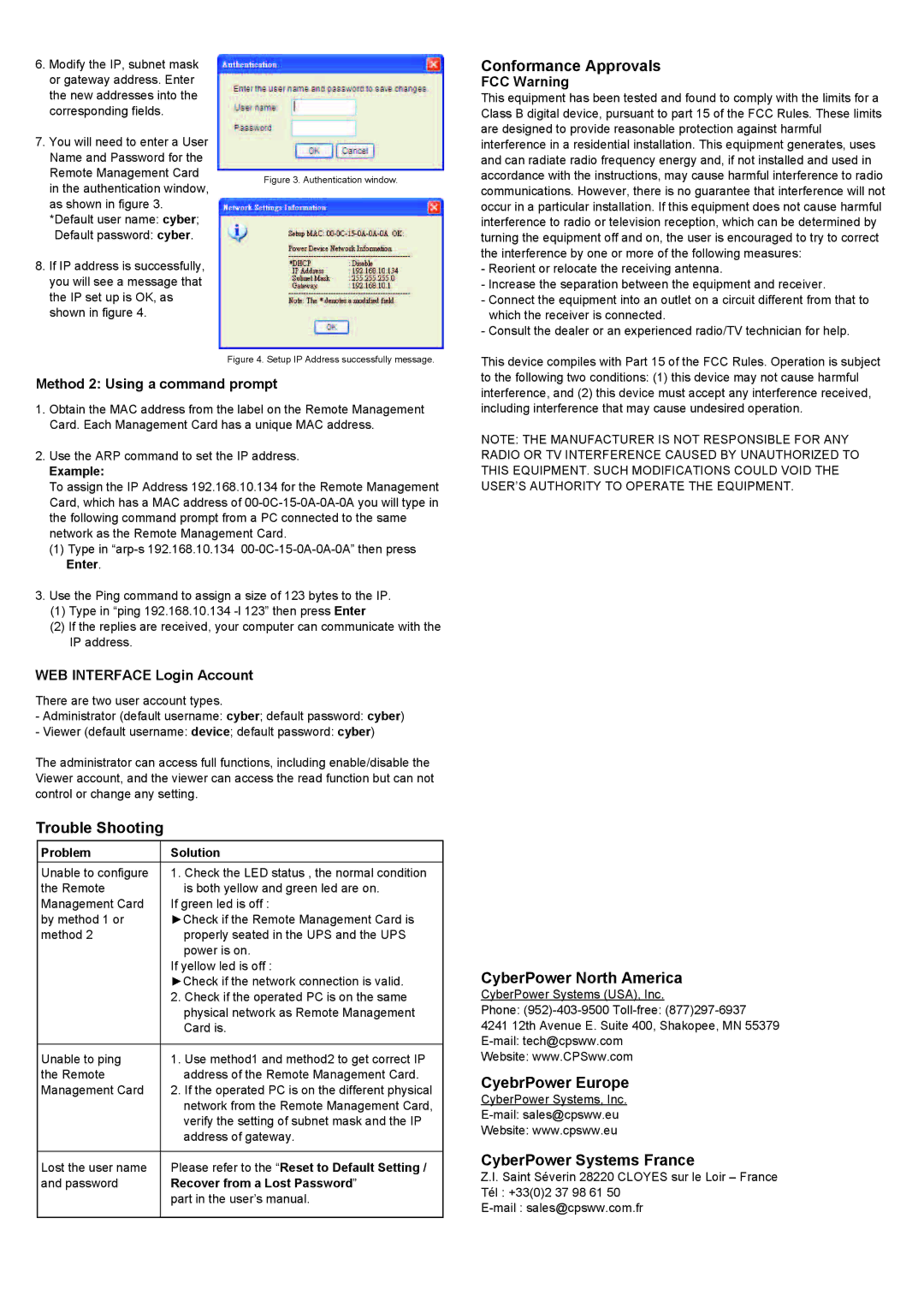 CyberPower Systems RMCARD302 manual Conformance Approvals, Trouble Shooting, CyberPower North America, CyebrPower Europe 