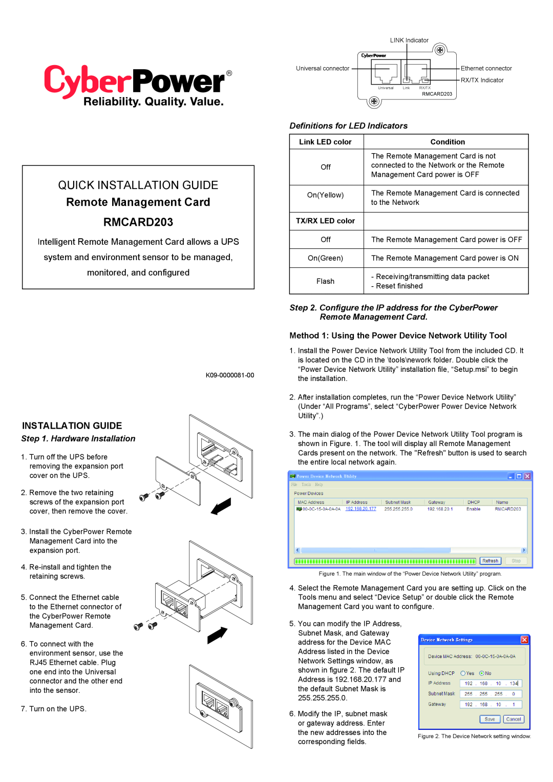 CyberPower Systems RMXARD203 manual Installation Guide, Method 1 Using the Power Device Network Utility Tool, Condition 
