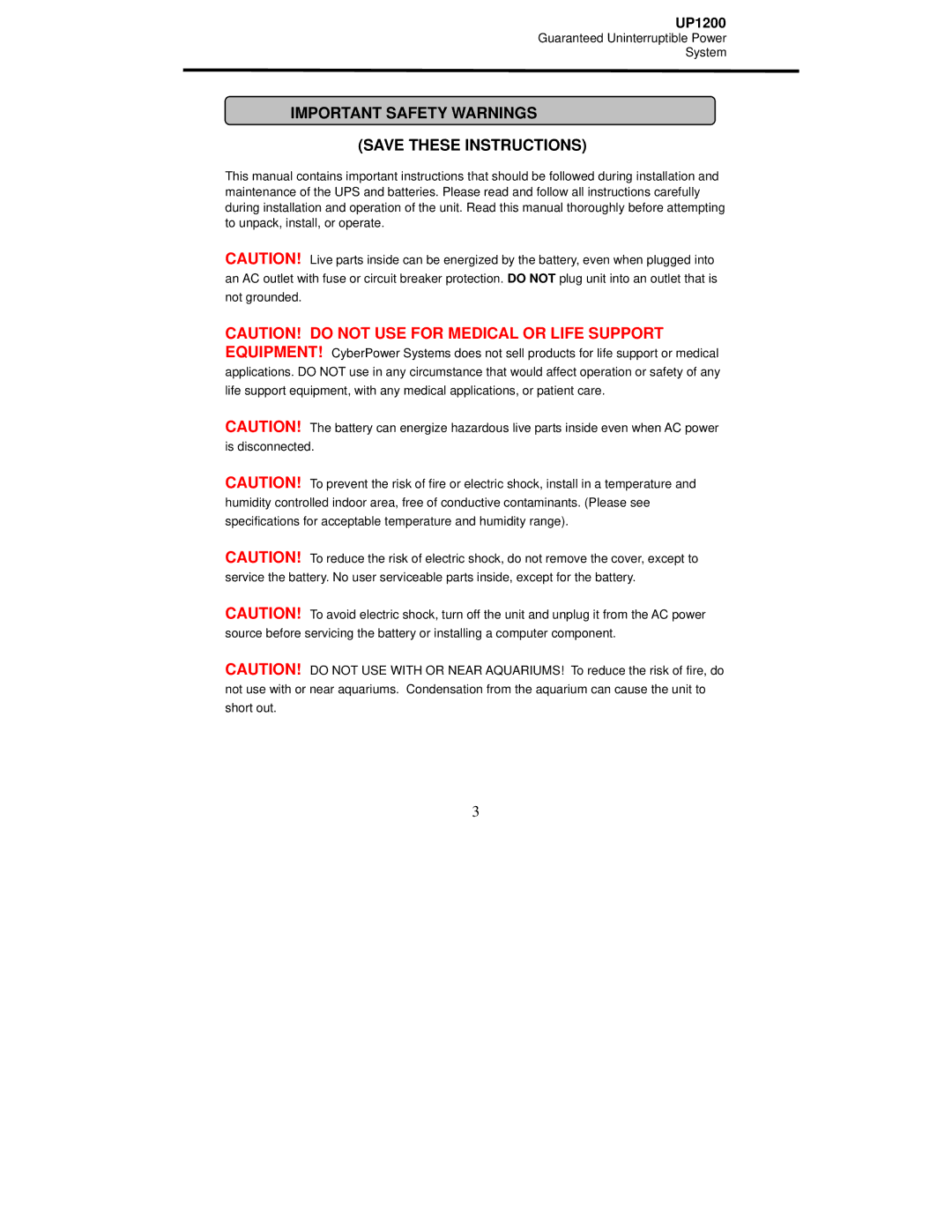 CyberPower Systems UP1200 user manual Important Safety Warnings 