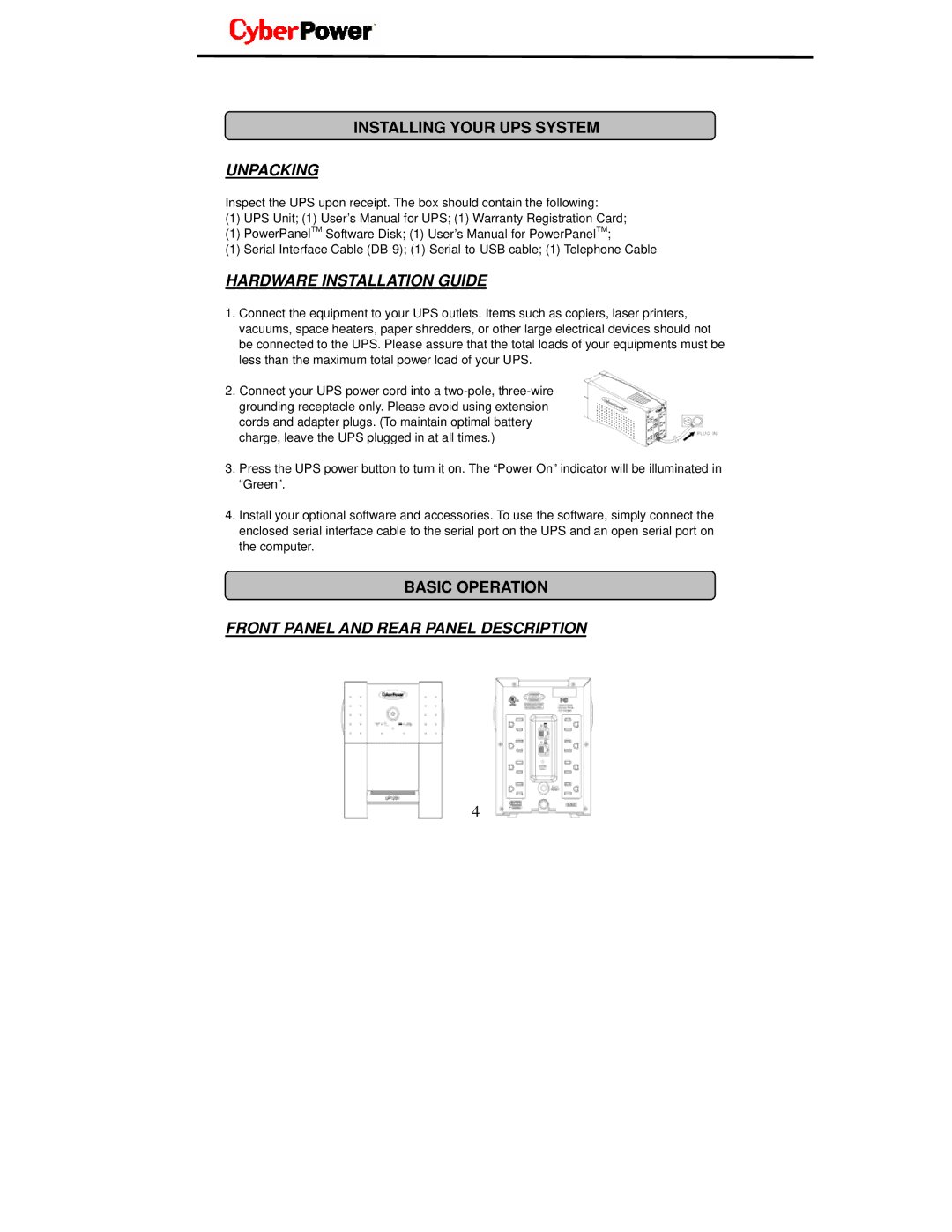 CyberPower Systems UP1200 user manual Installing Your UPS System, Basic Operation 