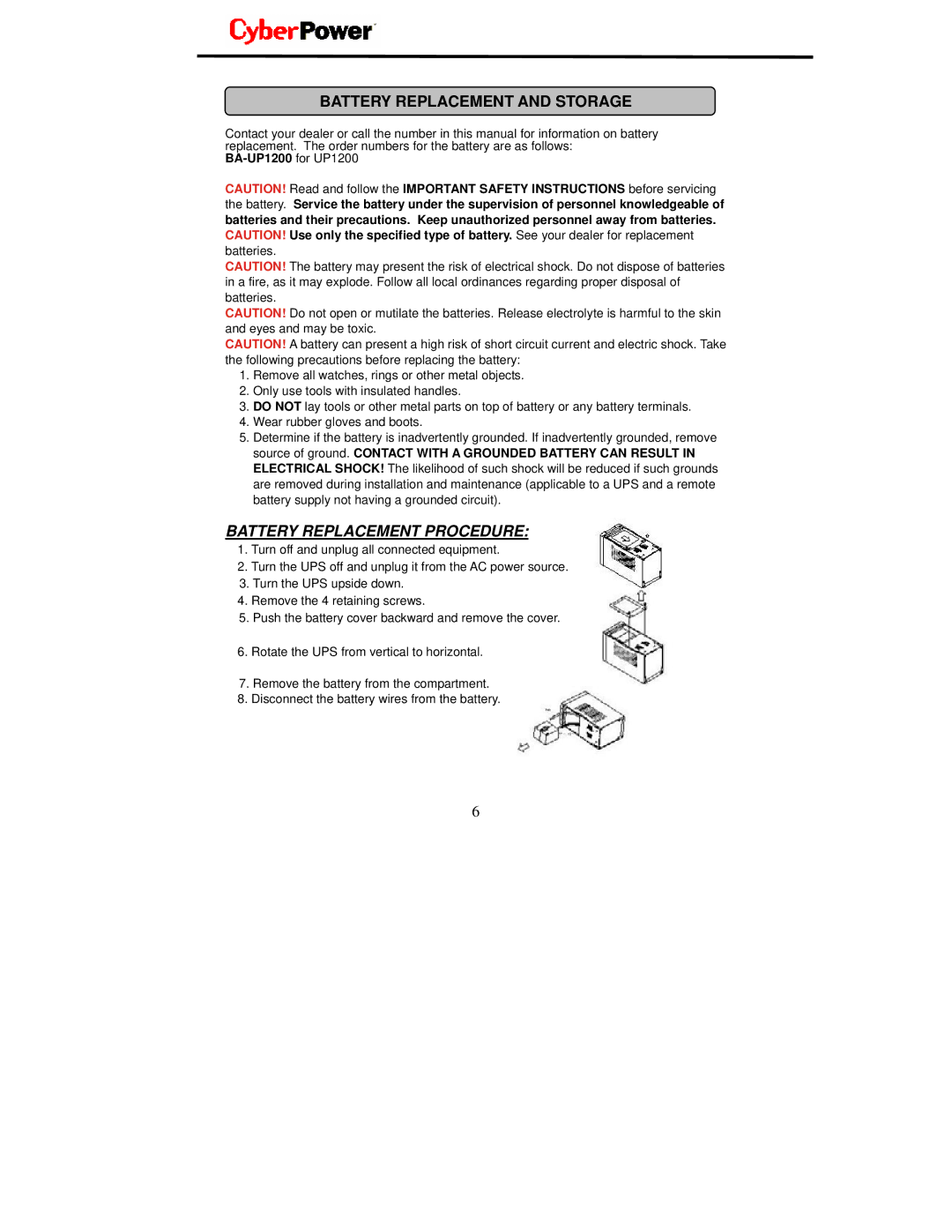 CyberPower Systems user manual Battery Replacement and Storage, BA-UP1200 for UP1200 