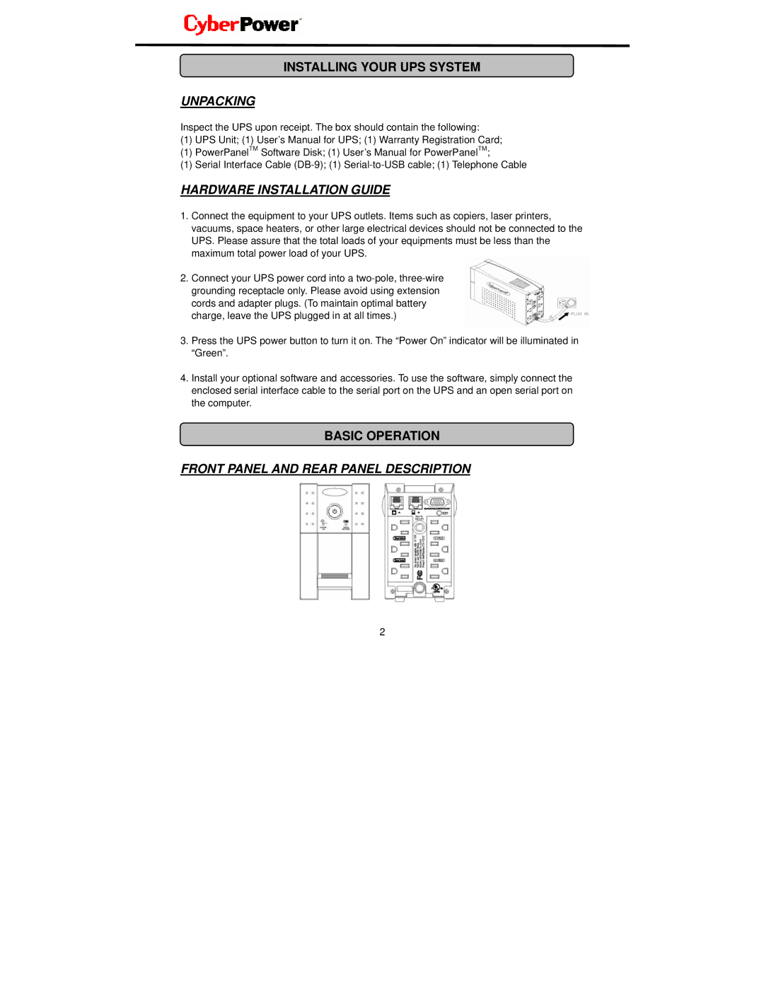 CyberPower Systems UP425 user manual Installing Your UPS System, Basic Operation 