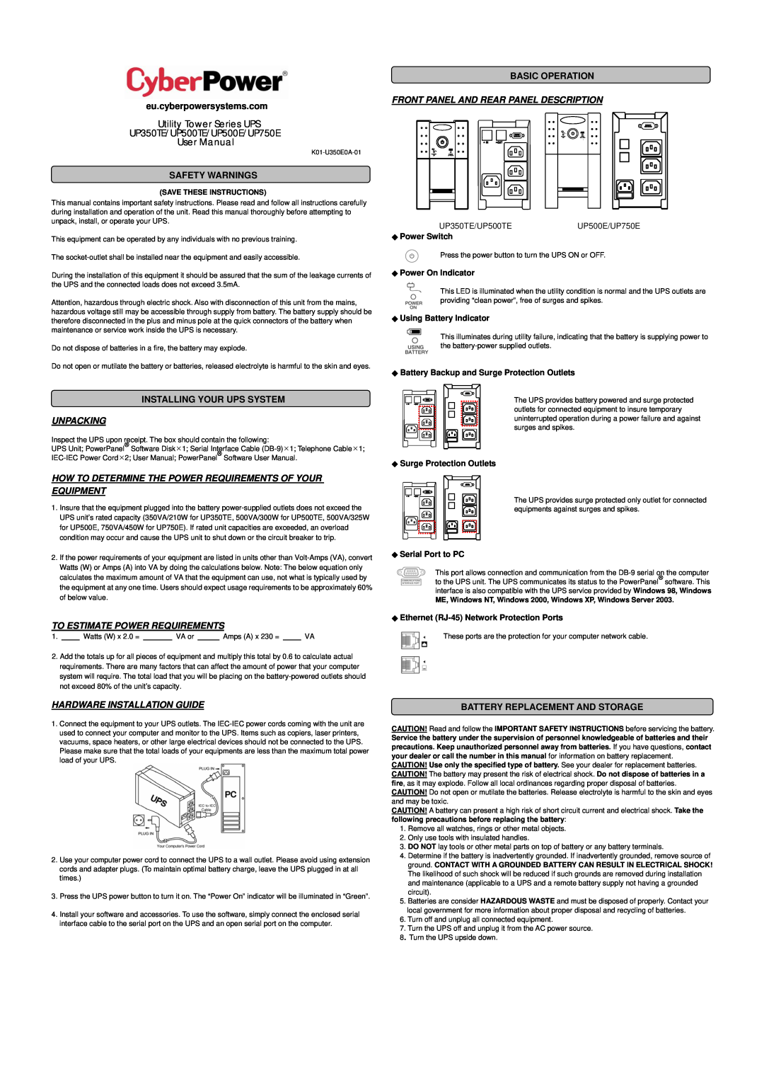 CyberPower Systems UP350TE user manual eu.cyberpowersystems.com, Safety Warnings, Installing Your Ups System, Unpacking 