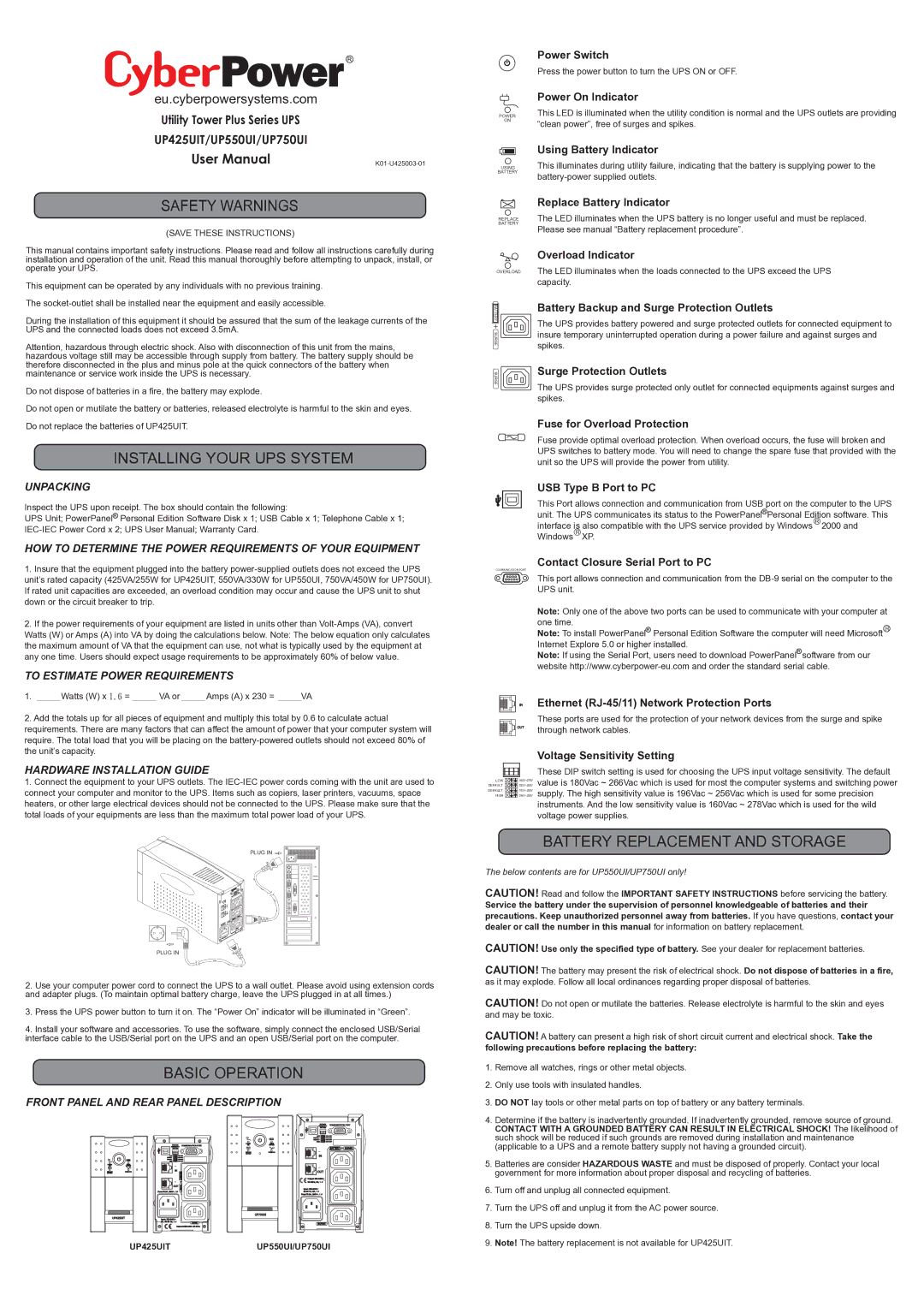 CyberPower Systems UP425UIT, UP750UI, UP550UI manual Safety Warnings, Installing Your UPS System, Basic Operation 