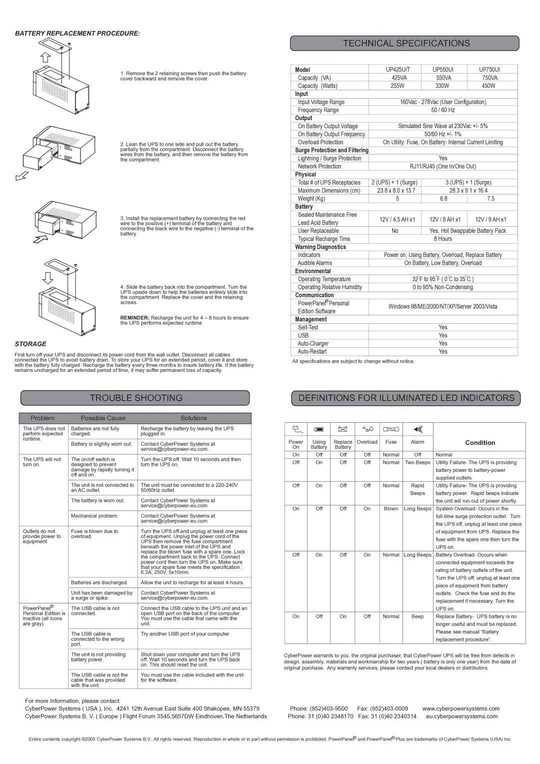 CyberPower Systems UP550UI Technical Specifications, Shootingo Ting, Definitions for Illuminated LED Indicators, Storage 