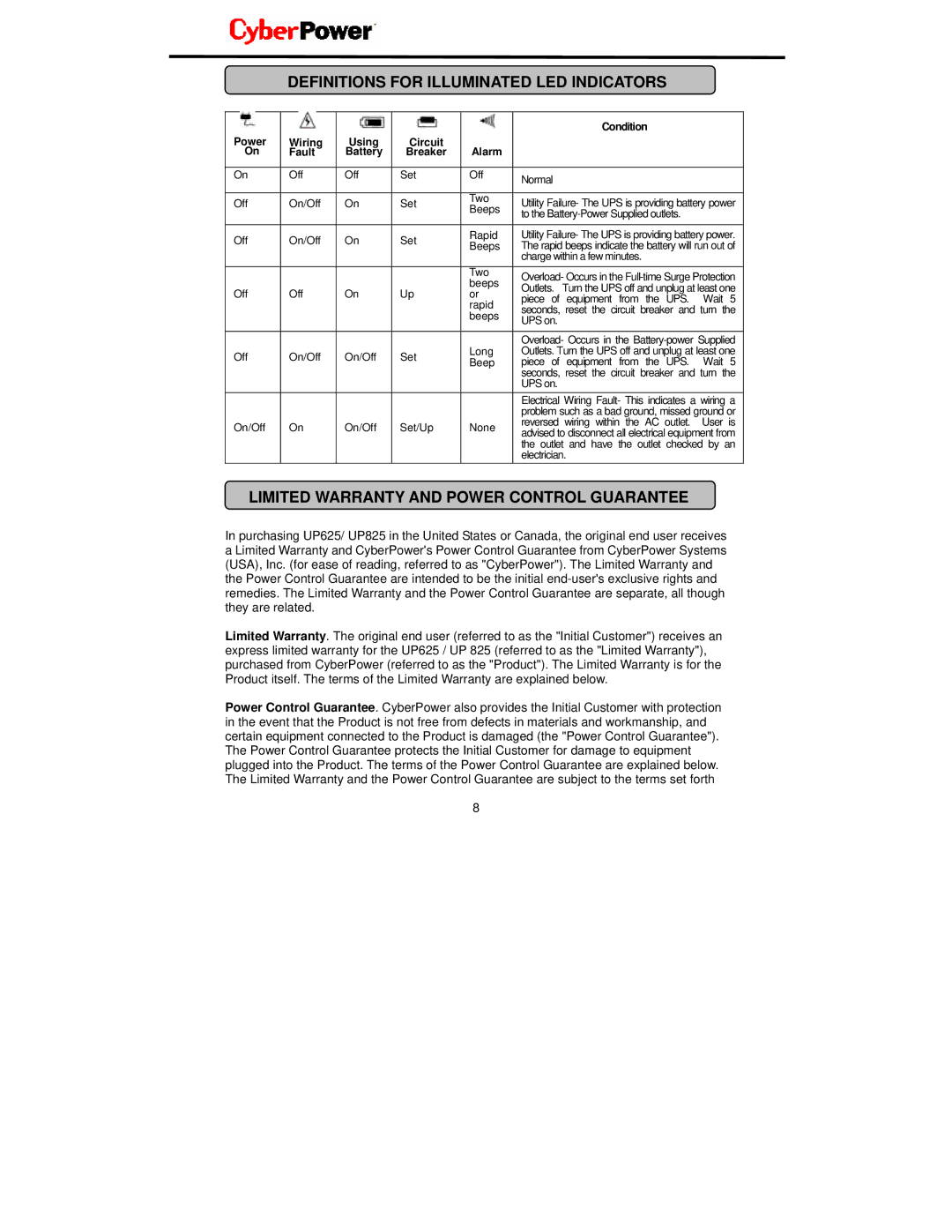 CyberPower Systems UP825, UP625 Definitions for Illuminated LED Indicators, Limited Warranty and Power Control Guarantee 