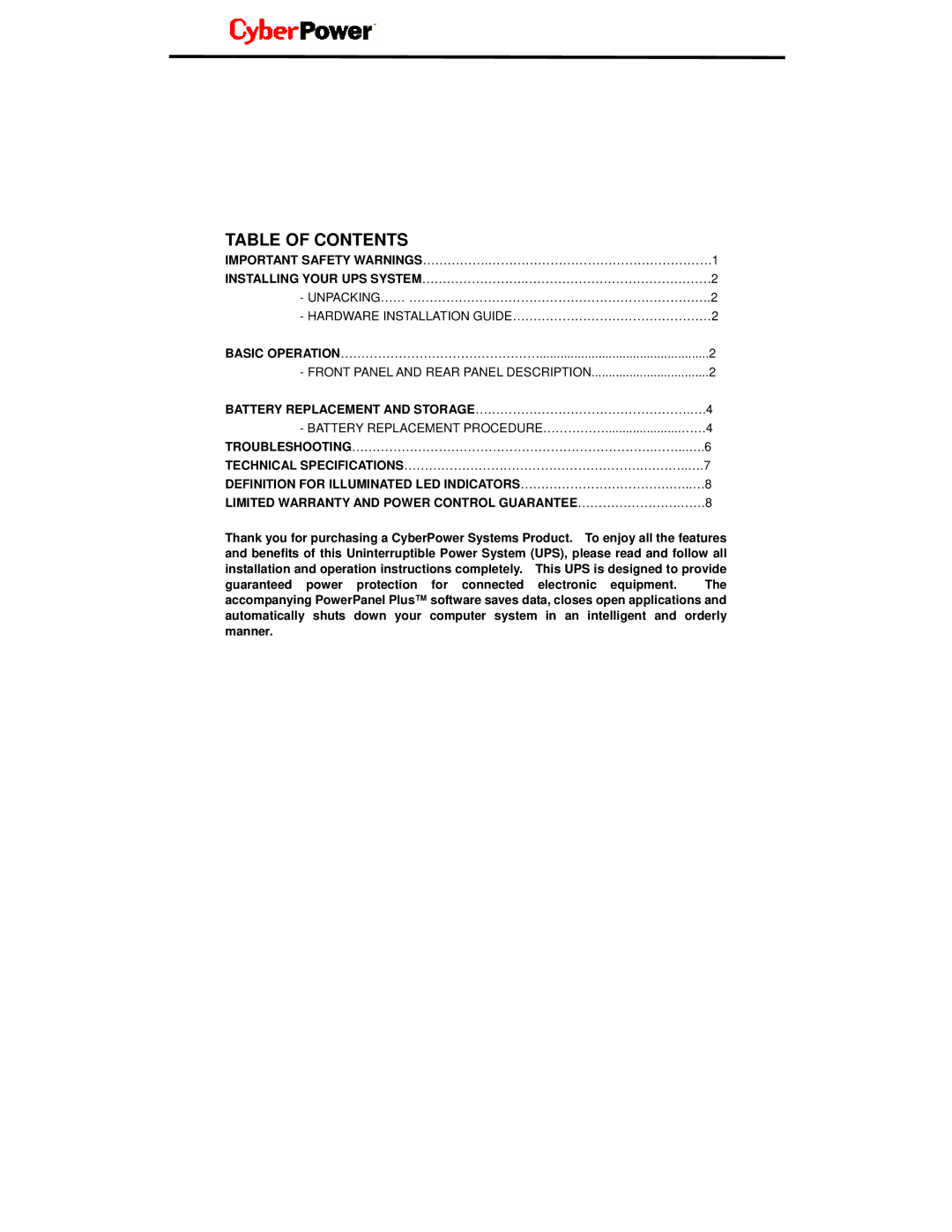 CyberPower Systems UP825, UP625 user manual Table of Contents 