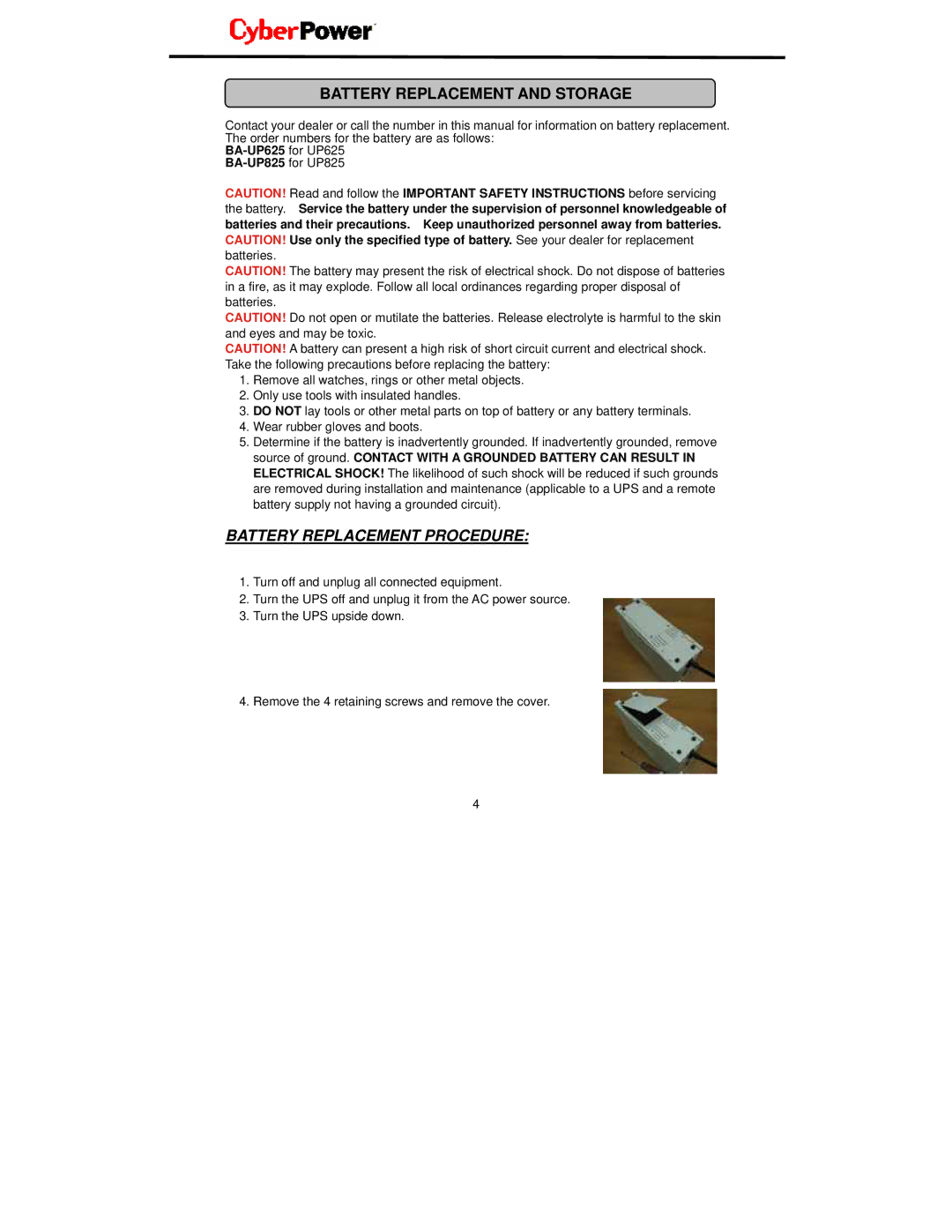 CyberPower Systems user manual Battery Replacement and Storage, BA-UP625 for UP625 BA-UP825 for UP825 