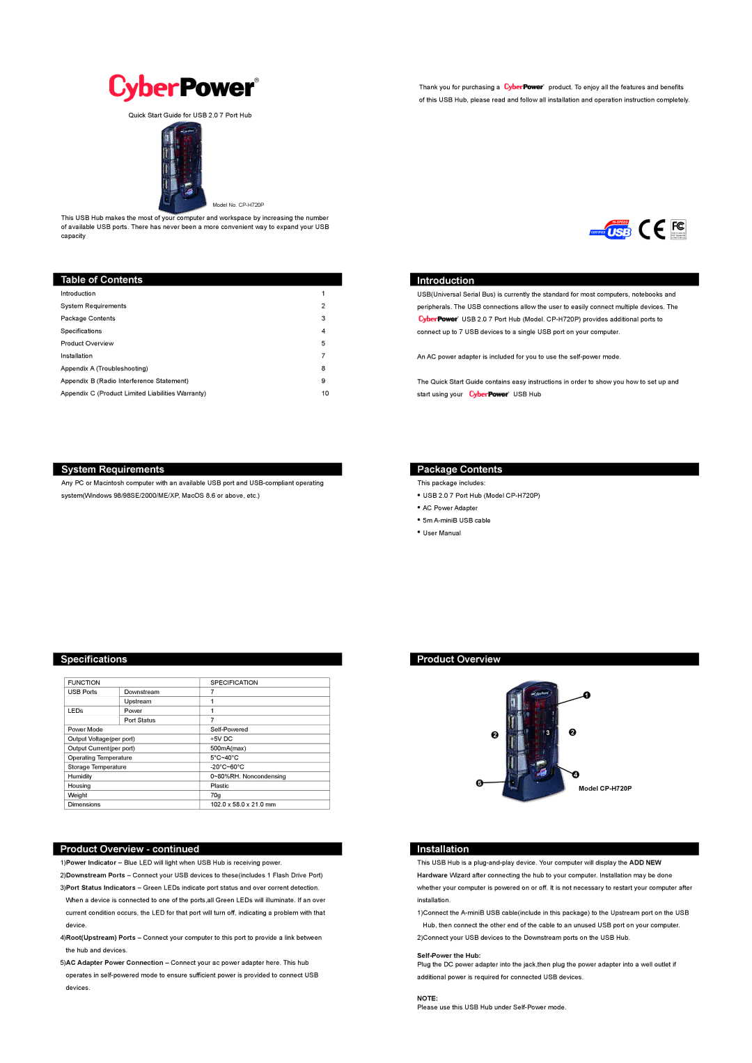 CyberPower Systems USB Hub specifications Table of Contents, Introduction, System Requirements, Specifications 