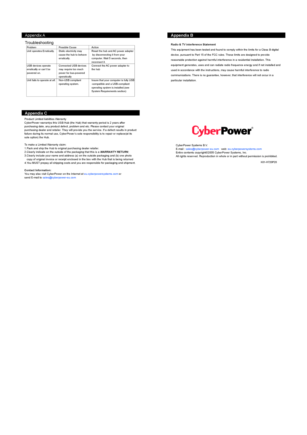 CyberPower Systems USB Hub specifications Appendix C, Appendix B, Contact Information, Radio & TV interference Statement 