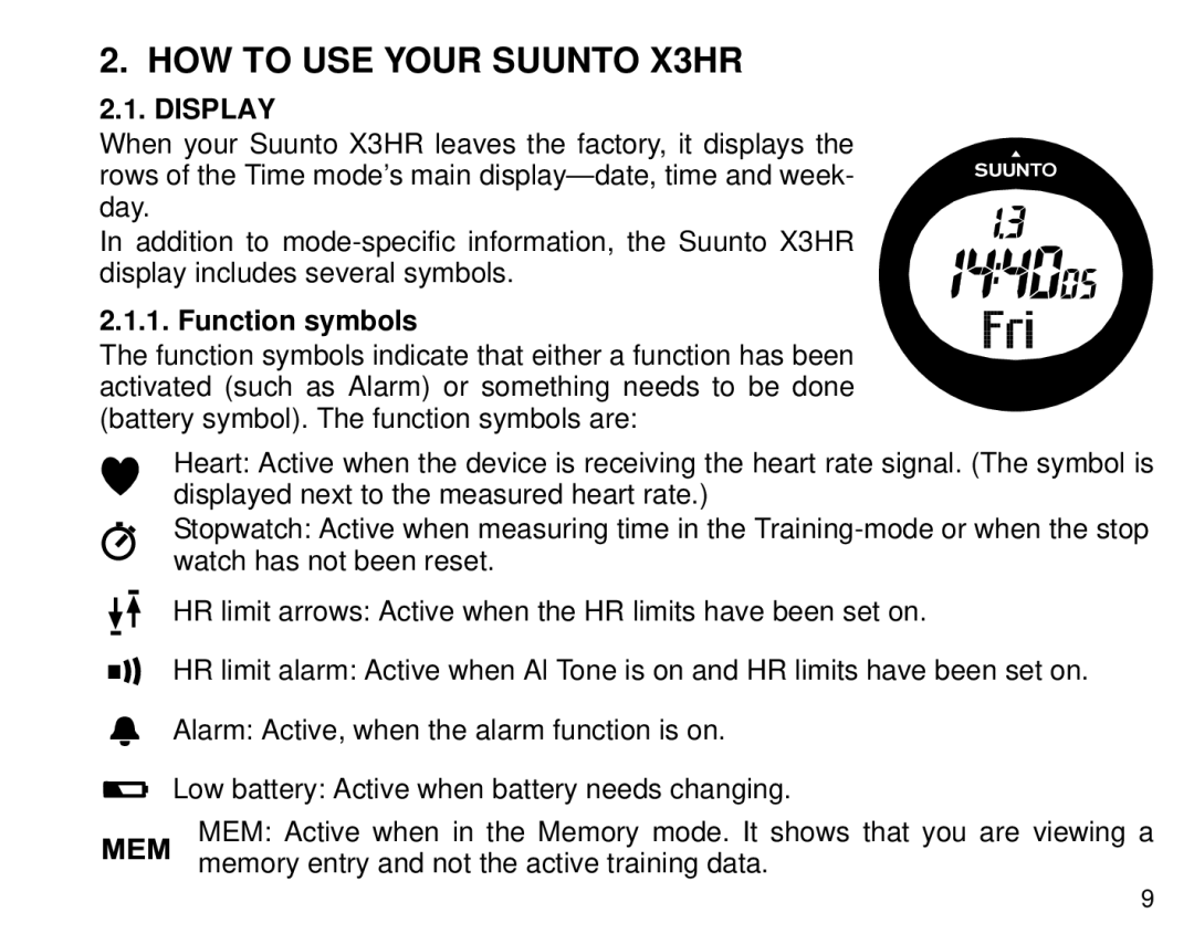 Cybex Computer Products manual HOW to USE Your Suunto X3HR, Display, Function symbols 