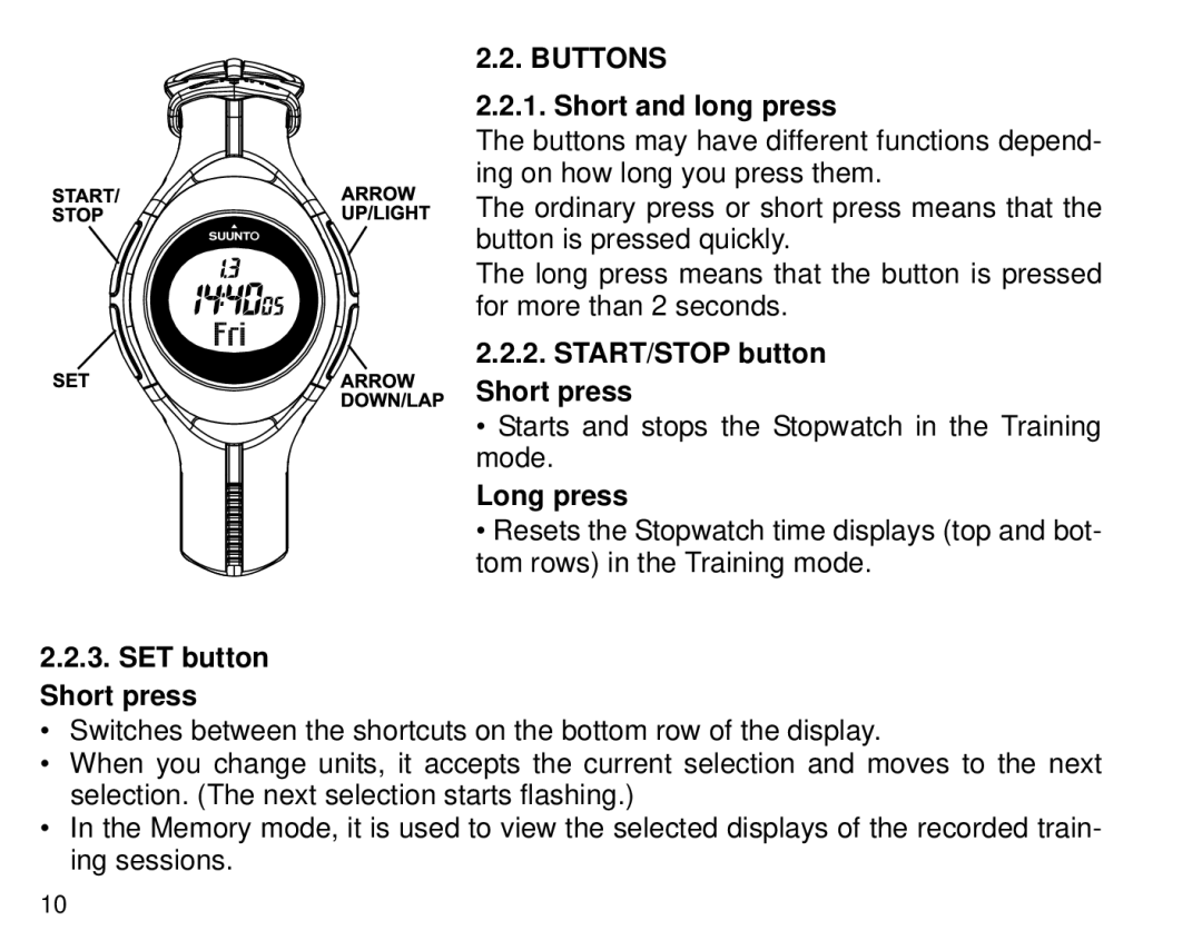 Cybex Computer Products Suunto X3HR manual Buttons, Short and long press, START/STOP button Short press, Long press 