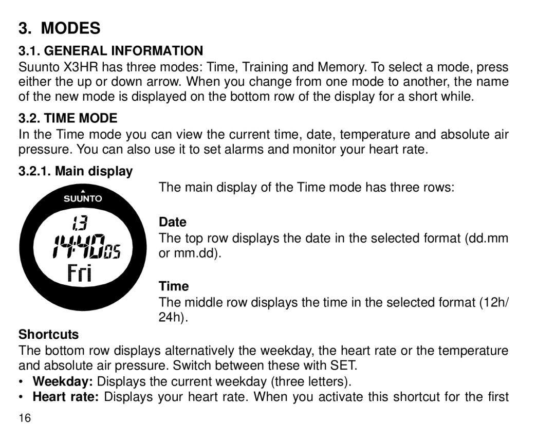 Cybex Computer Products Suunto X3HR manual Modes, General Information, Time Mode 