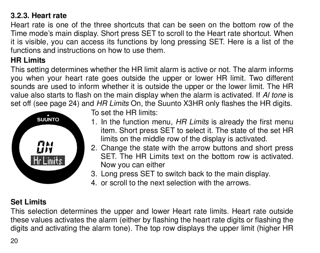 Cybex Computer Products Suunto X3HR manual Heart rate, HR Limits, Set Limits 