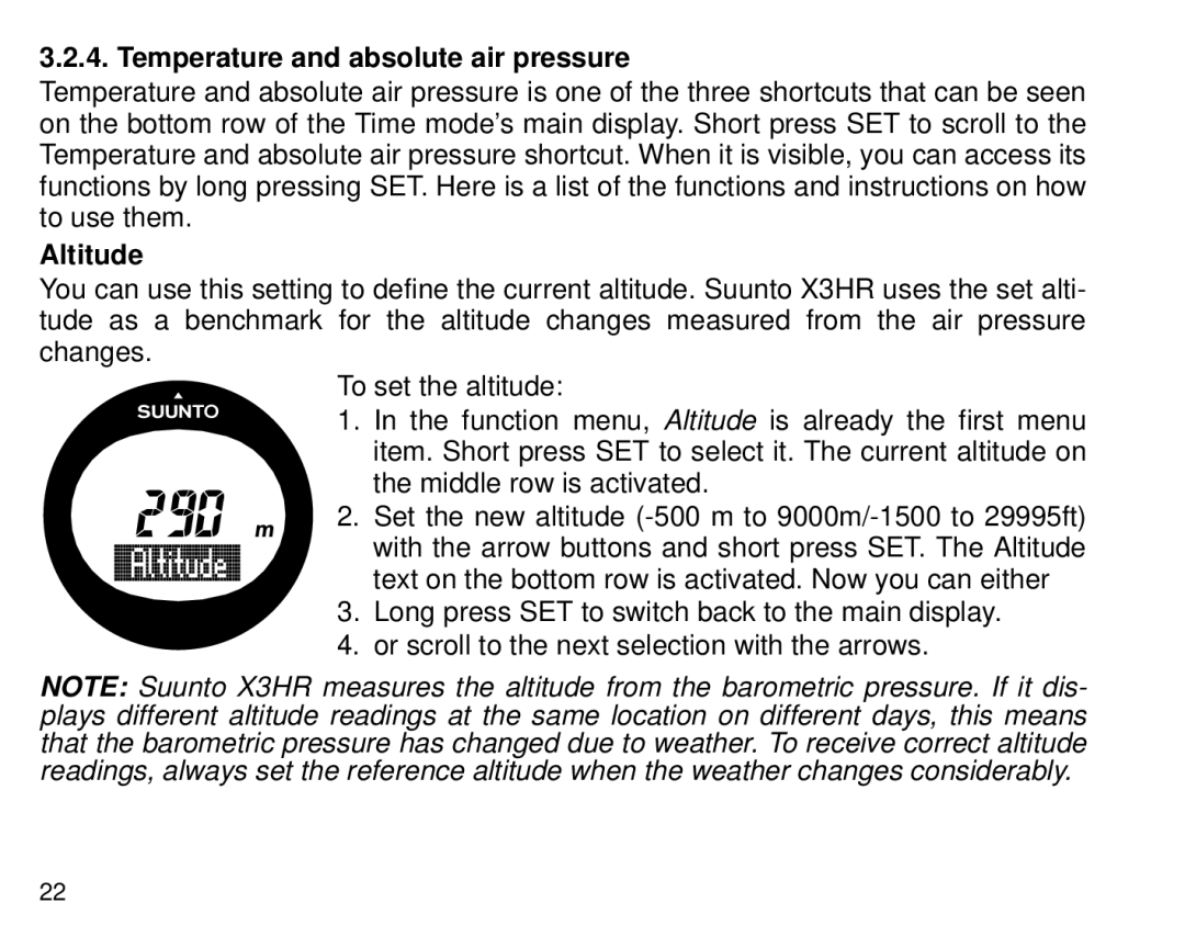 Cybex Computer Products Suunto X3HR manual Temperature and absolute air pressure, Altitude 