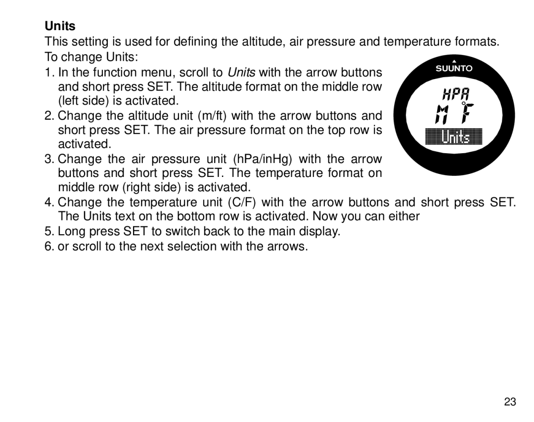 Cybex Computer Products Suunto X3HR manual Units 