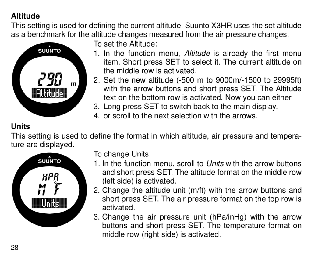 Cybex Computer Products Suunto X3HR manual Units 