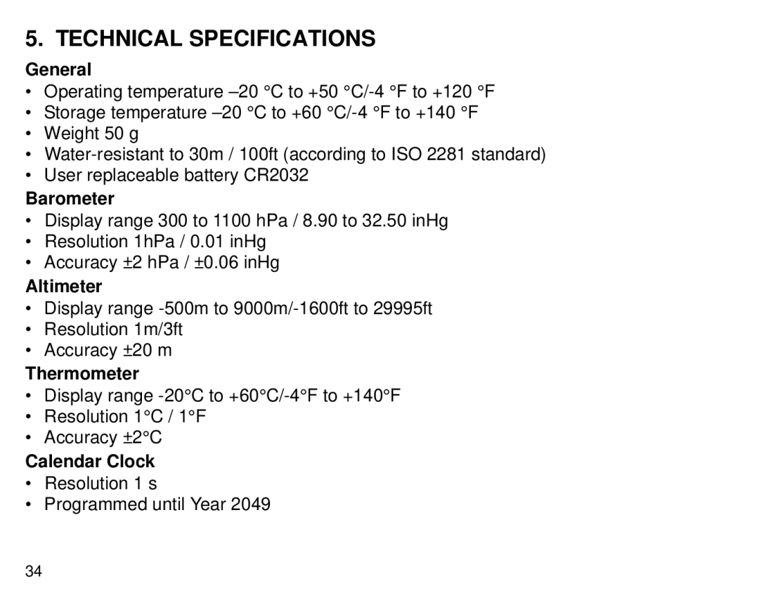 Cybex Computer Products Suunto X3HR manual Technical Specifications 