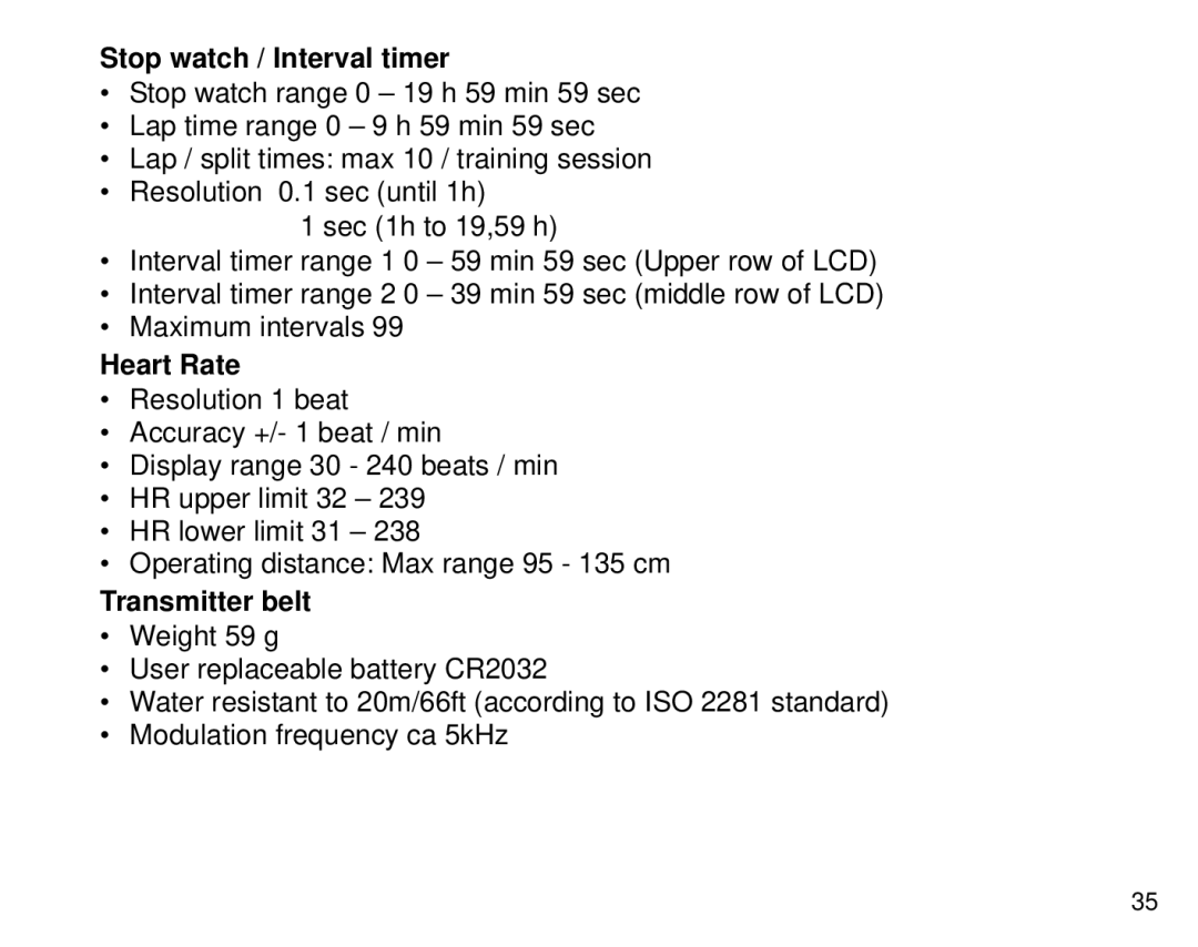 Cybex Computer Products Suunto X3HR manual Stop watch / Interval timer, Transmitter belt 