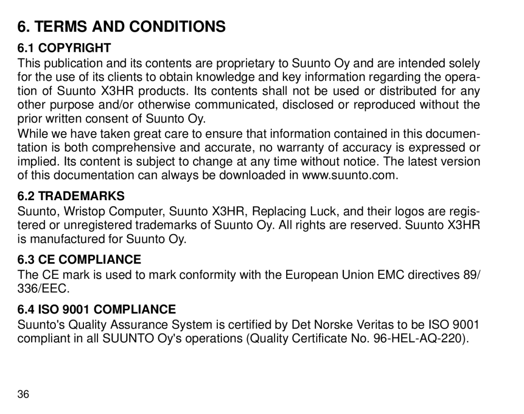 Cybex Computer Products Suunto X3HR manual Terms and Conditions, Copyright, Trademarks, CE Compliance, ISO 9001 Compliance 