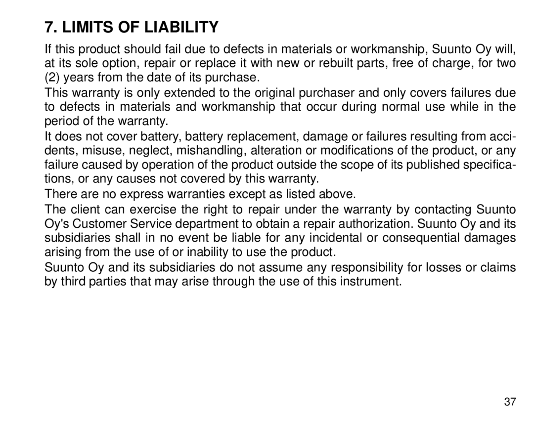 Cybex Computer Products Suunto X3HR manual Limits of Liability 