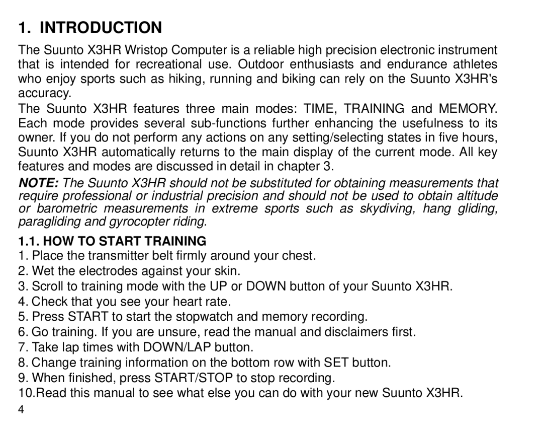 Cybex Computer Products Suunto X3HR manual Introduction, HOW to Start Training 