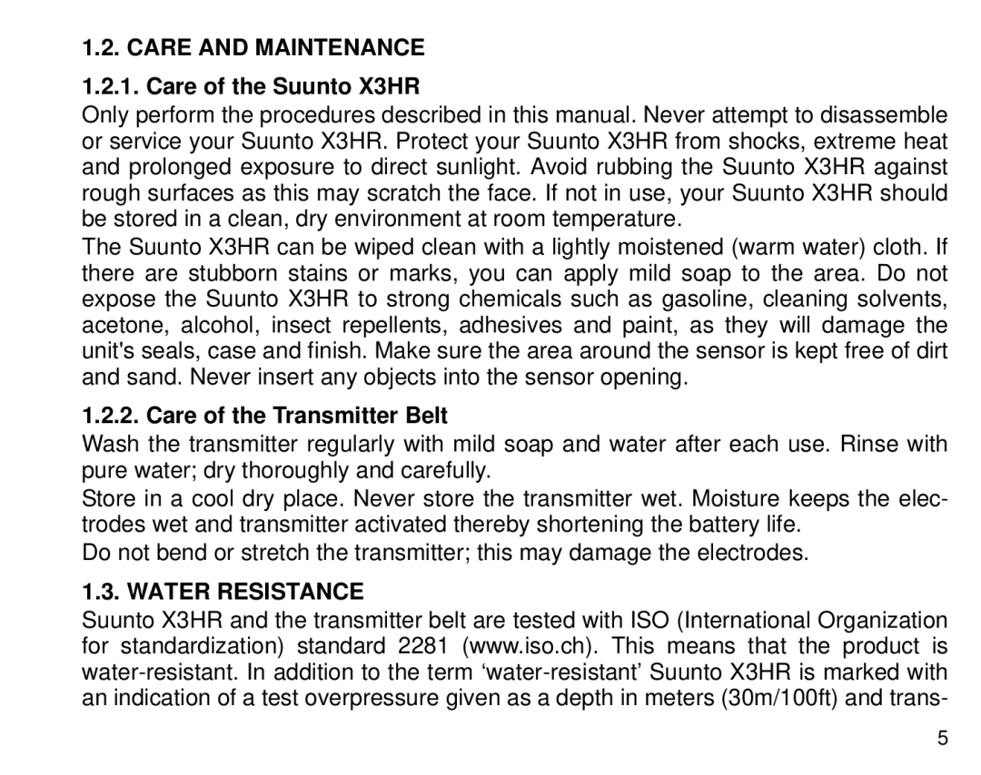 Cybex Computer Products manual Care and Maintenance 1.2.1. Care of the Suunto X3HR, Care of the Transmitter Belt 