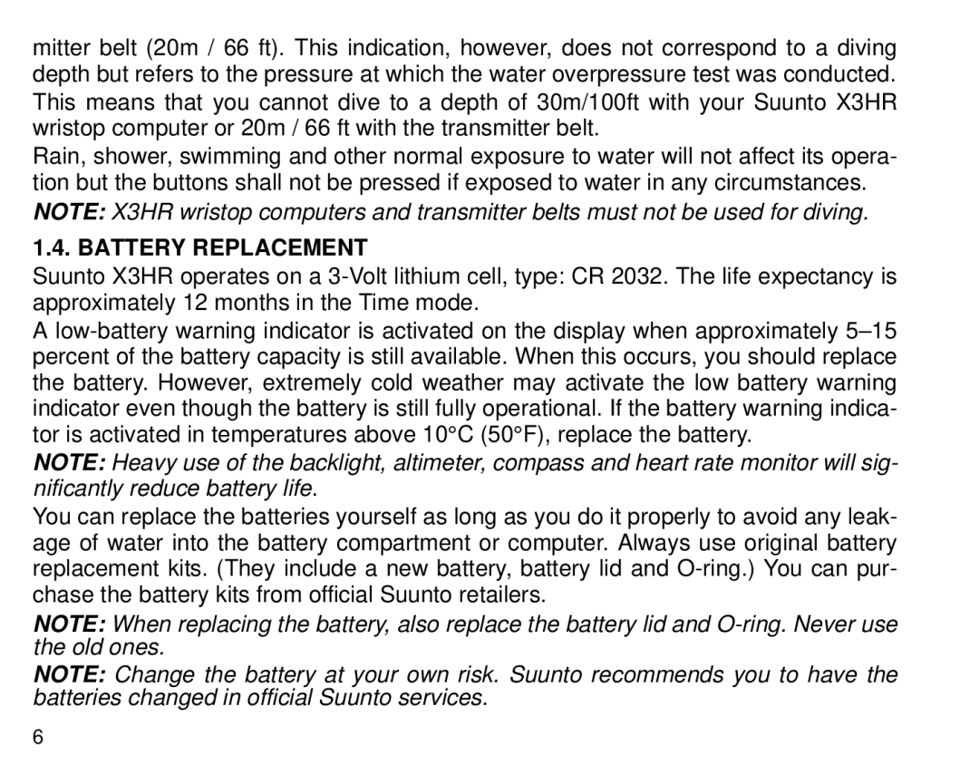 Cybex Computer Products Suunto X3HR manual Battery Replacement 