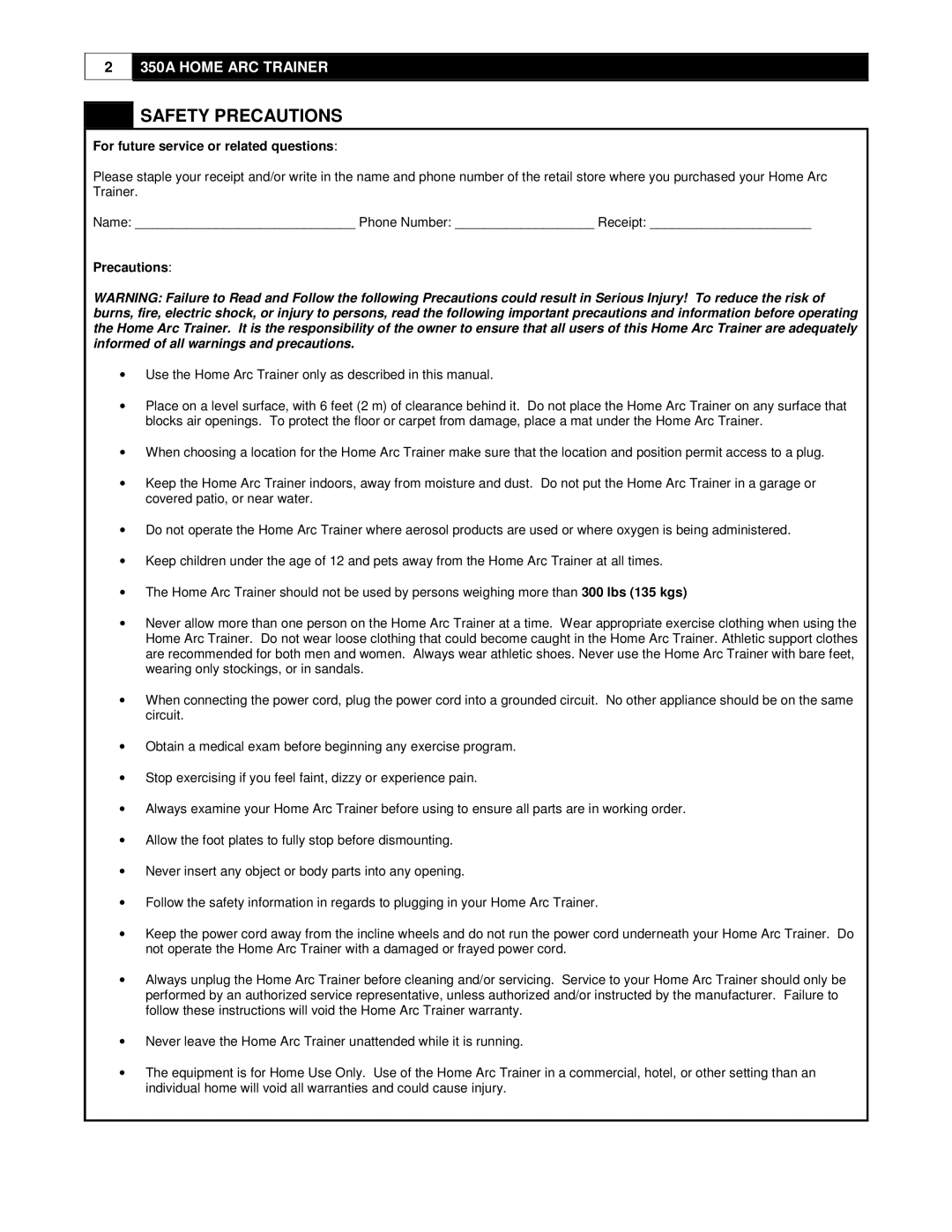 Cybex International 350A manual Safety Precautions, For future service or related questions 