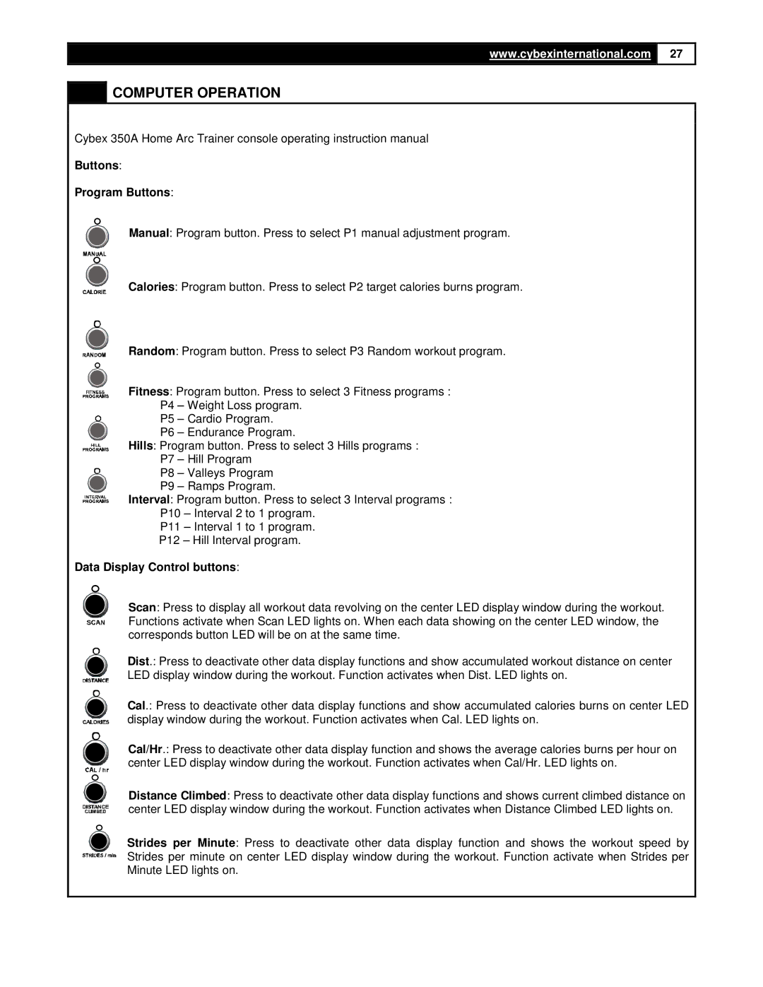 Cybex International 350A manual Buttons Program Buttons, Data Display Control buttons 