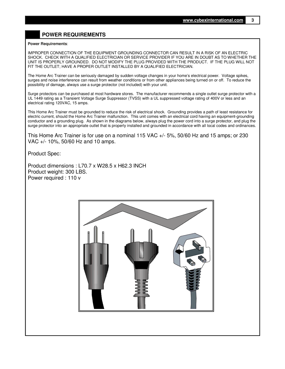 Cybex International 350A manual Power Requirements 