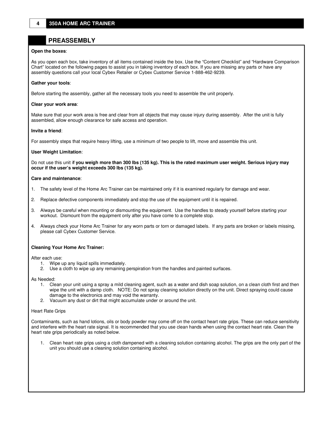 Cybex International 350A manual Preassembly 