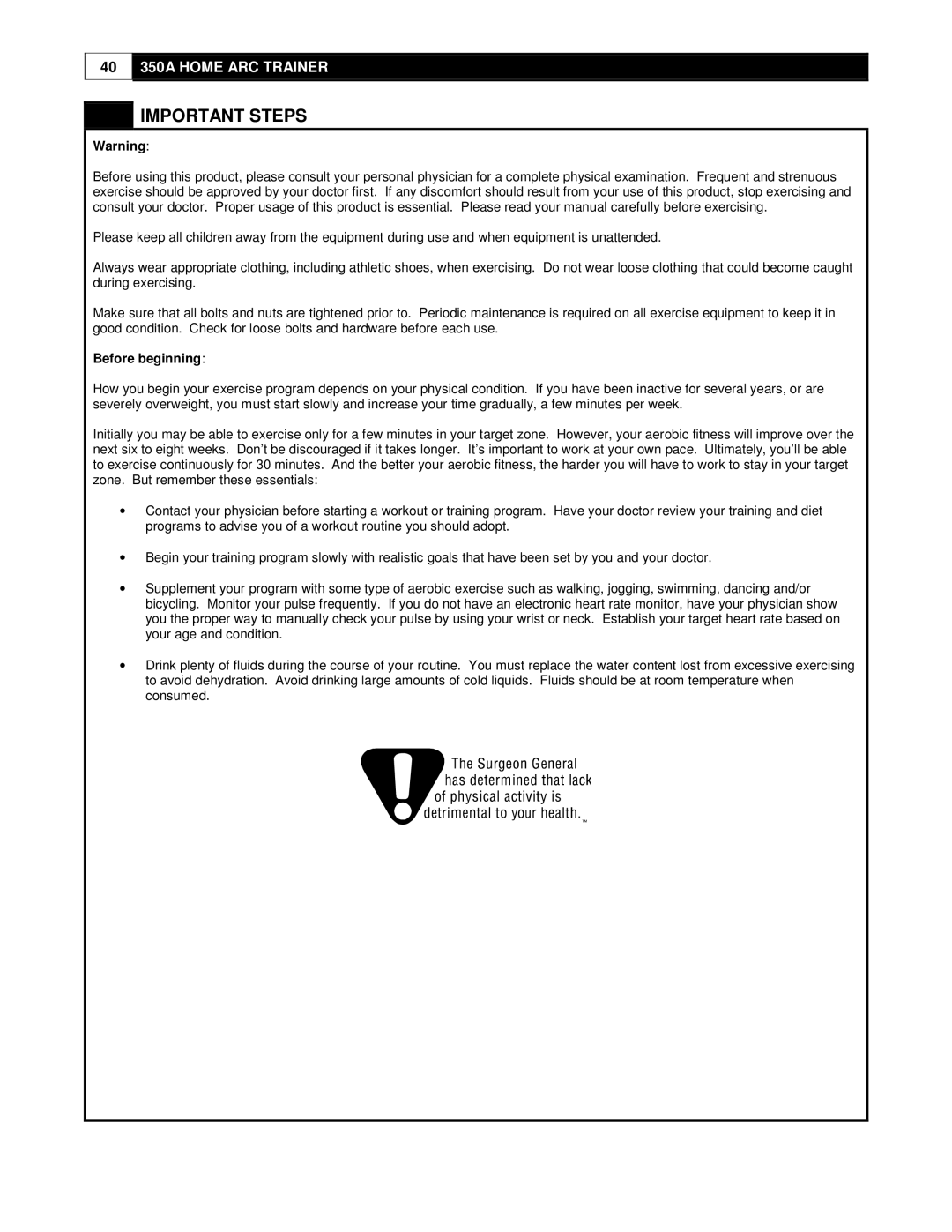 Cybex International 350A manual Important Steps, Before beginning 