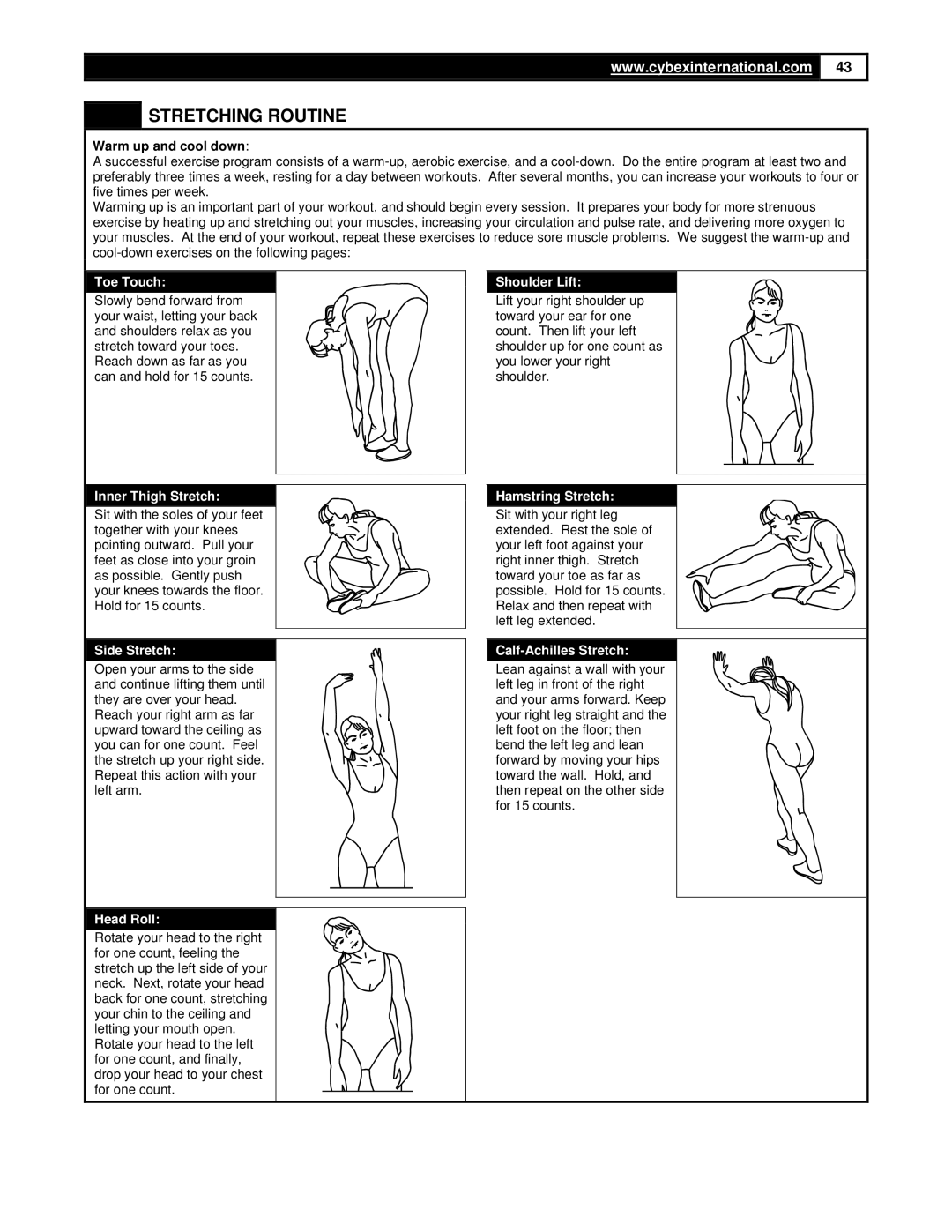 Cybex International 350A manual Stretching Routine, Warm up and cool down 