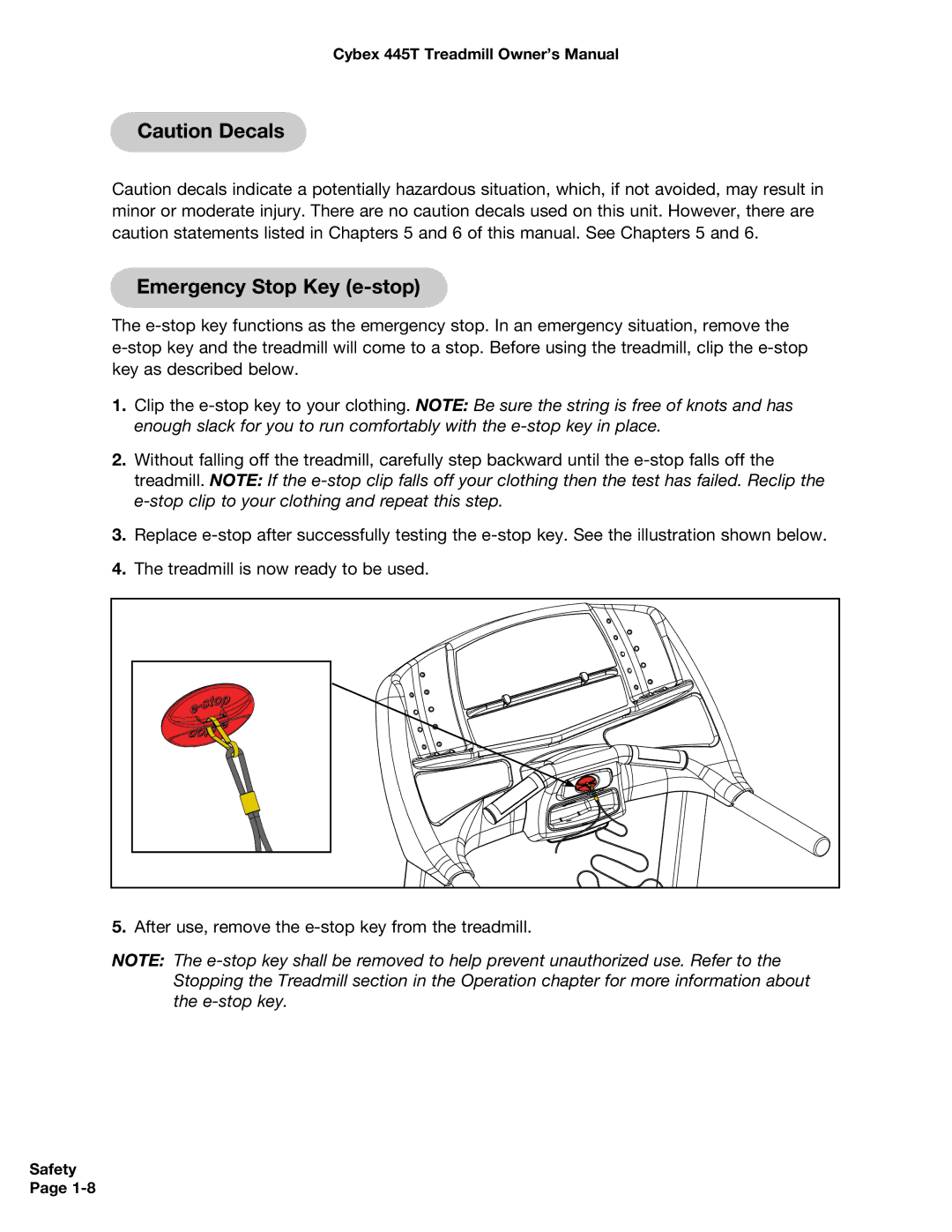 Cybex International CX-445T manual Emergency Stop Key e-stop 