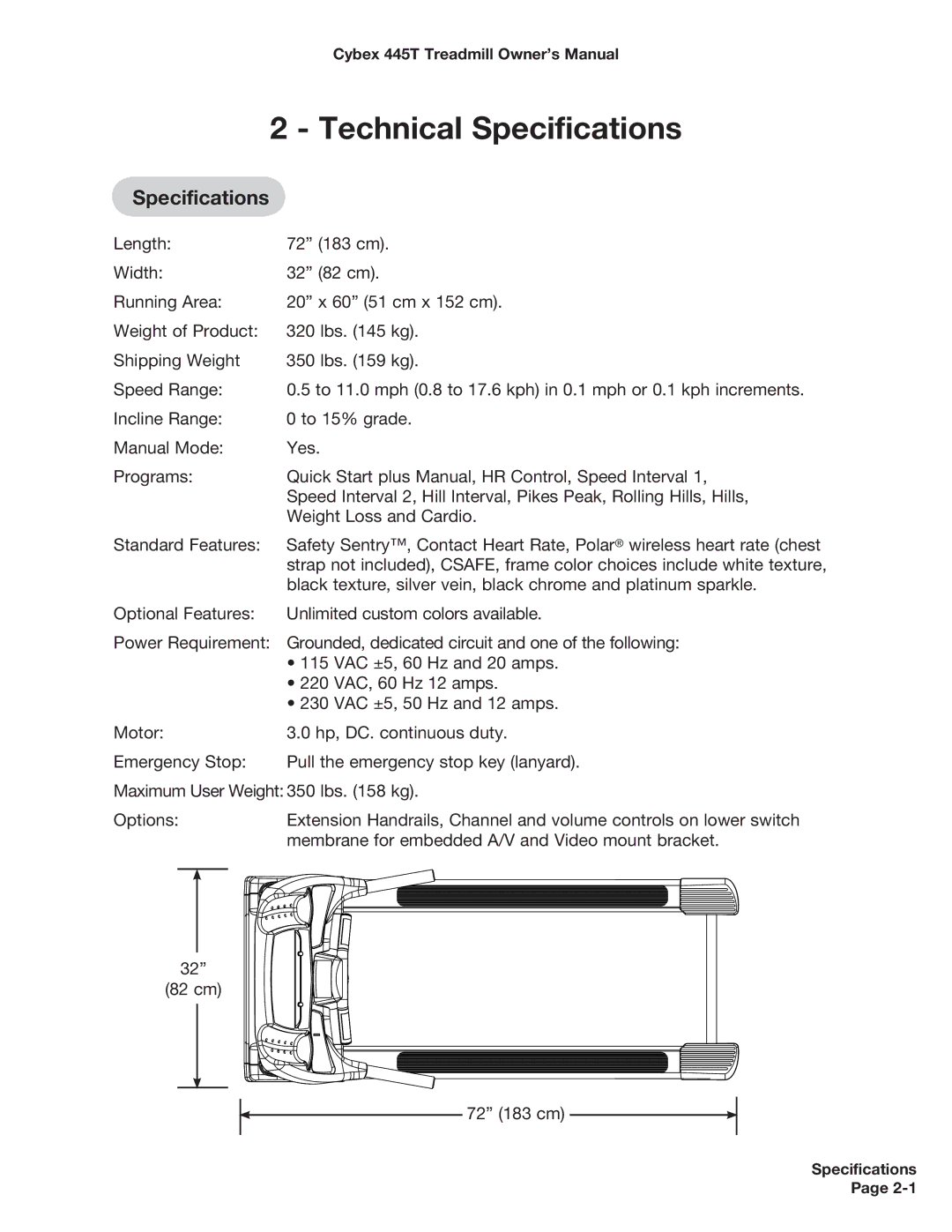 Cybex International CX-445T manual Technical Specifications 