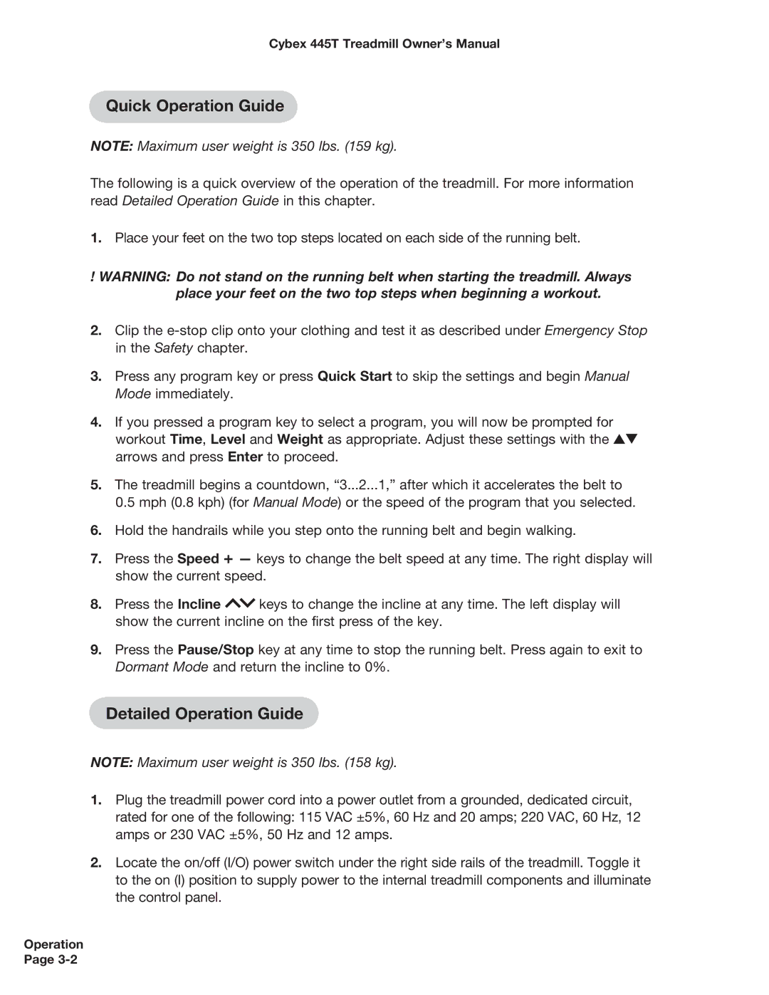 Cybex International CX-445T manual Quick Operation Guide, Detailed Operation Guide 