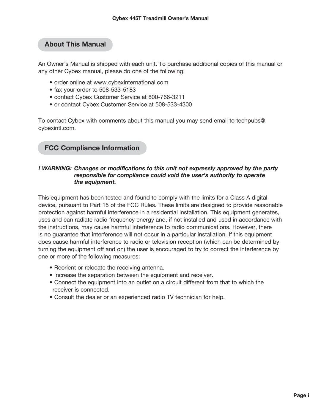 Cybex International CX-445T manual About This Manual, FCC Compliance Information 