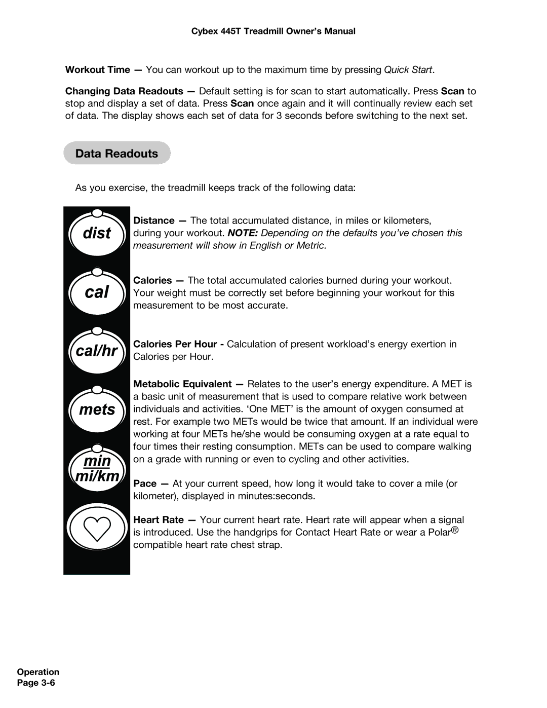 Cybex International CX-445T manual Data Readouts 