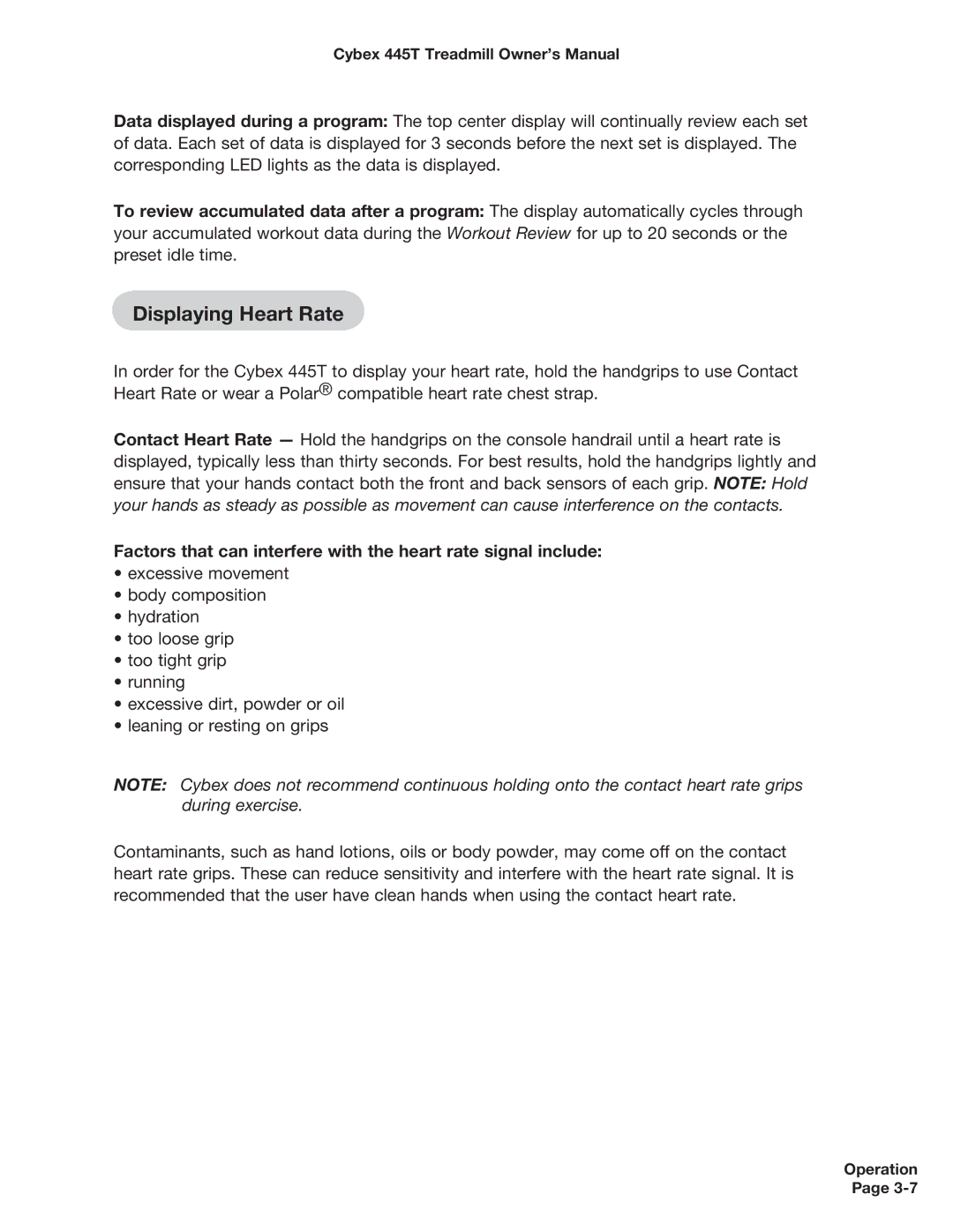 Cybex International CX-445T manual Displaying Heart Rate 